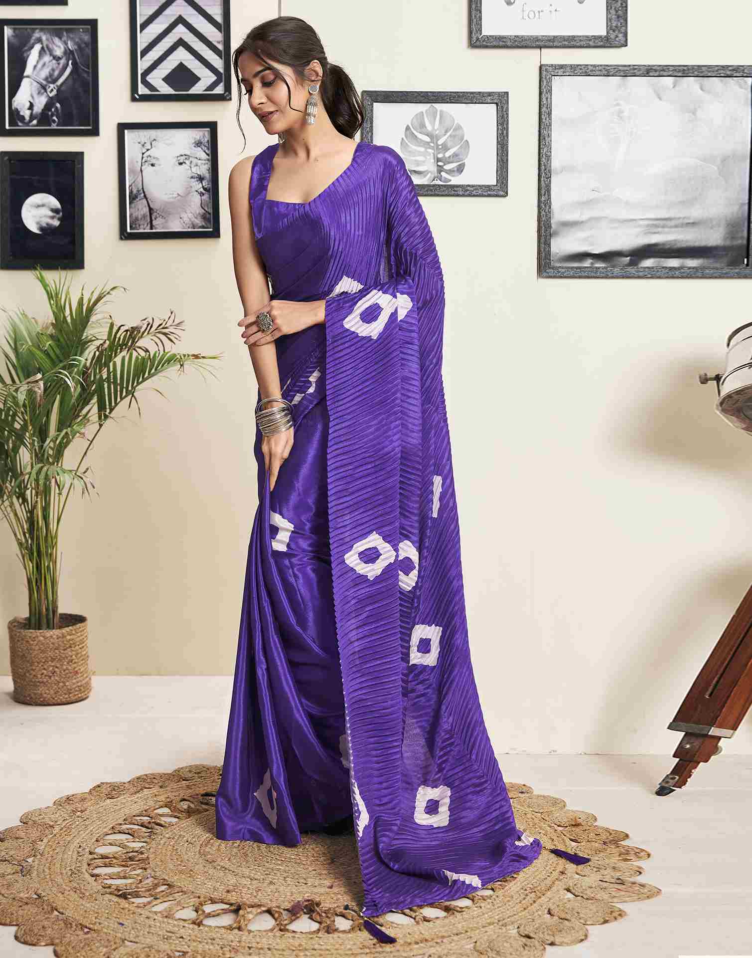 Ready To Wear Violet Silk Printed Saree