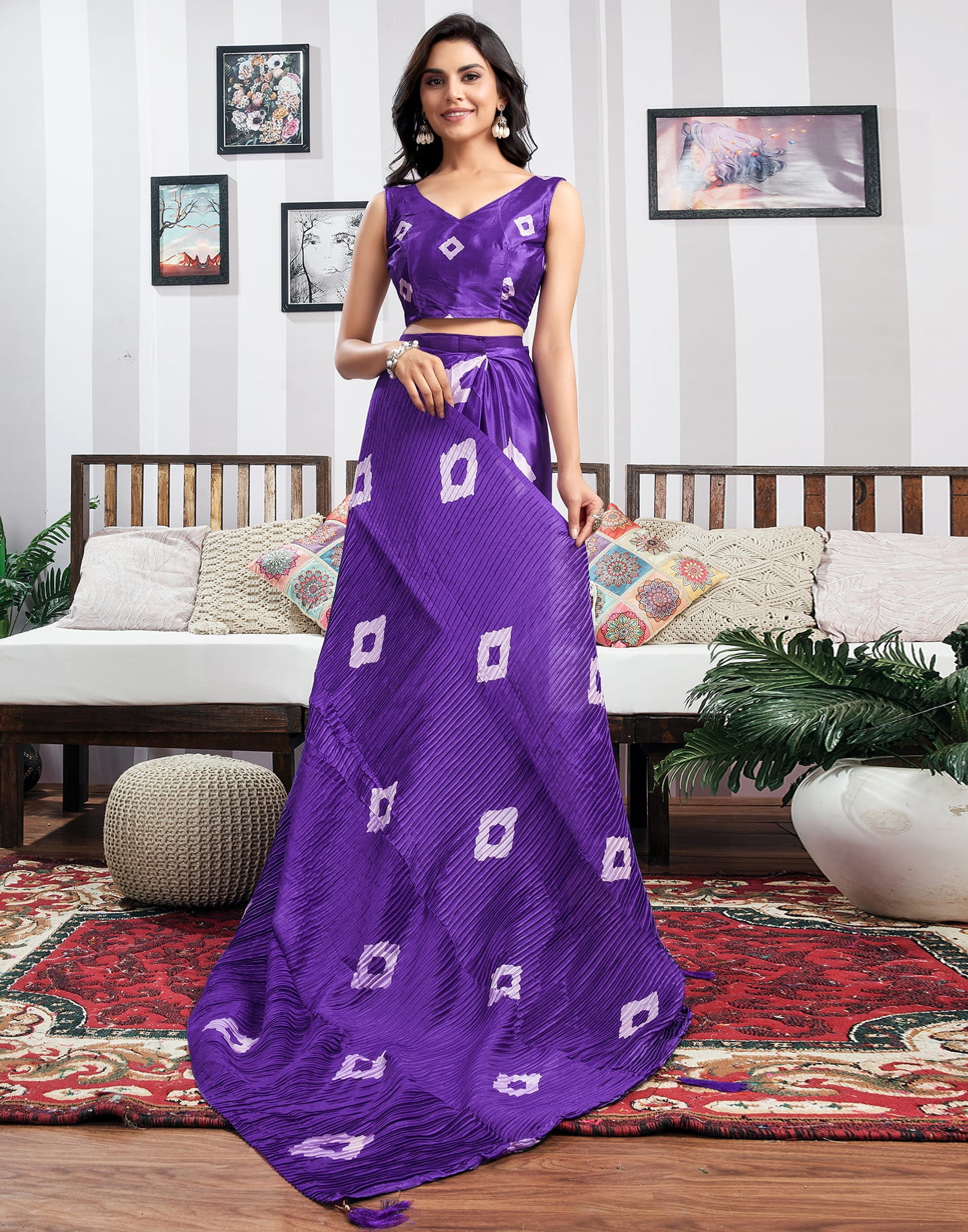 Ready To Wear Violet Silk Printed Saree