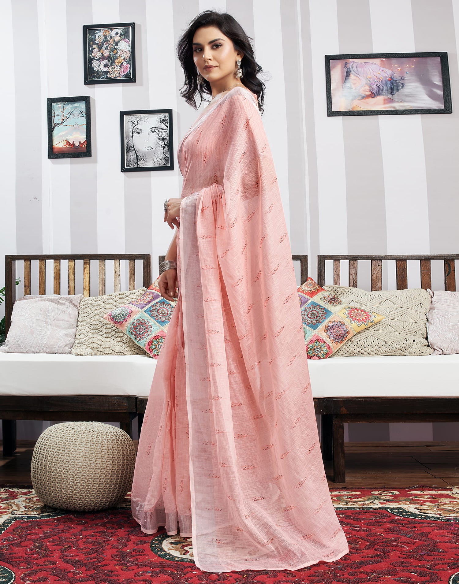 Ready To Wear Rose Pink Cotton Printed Saree