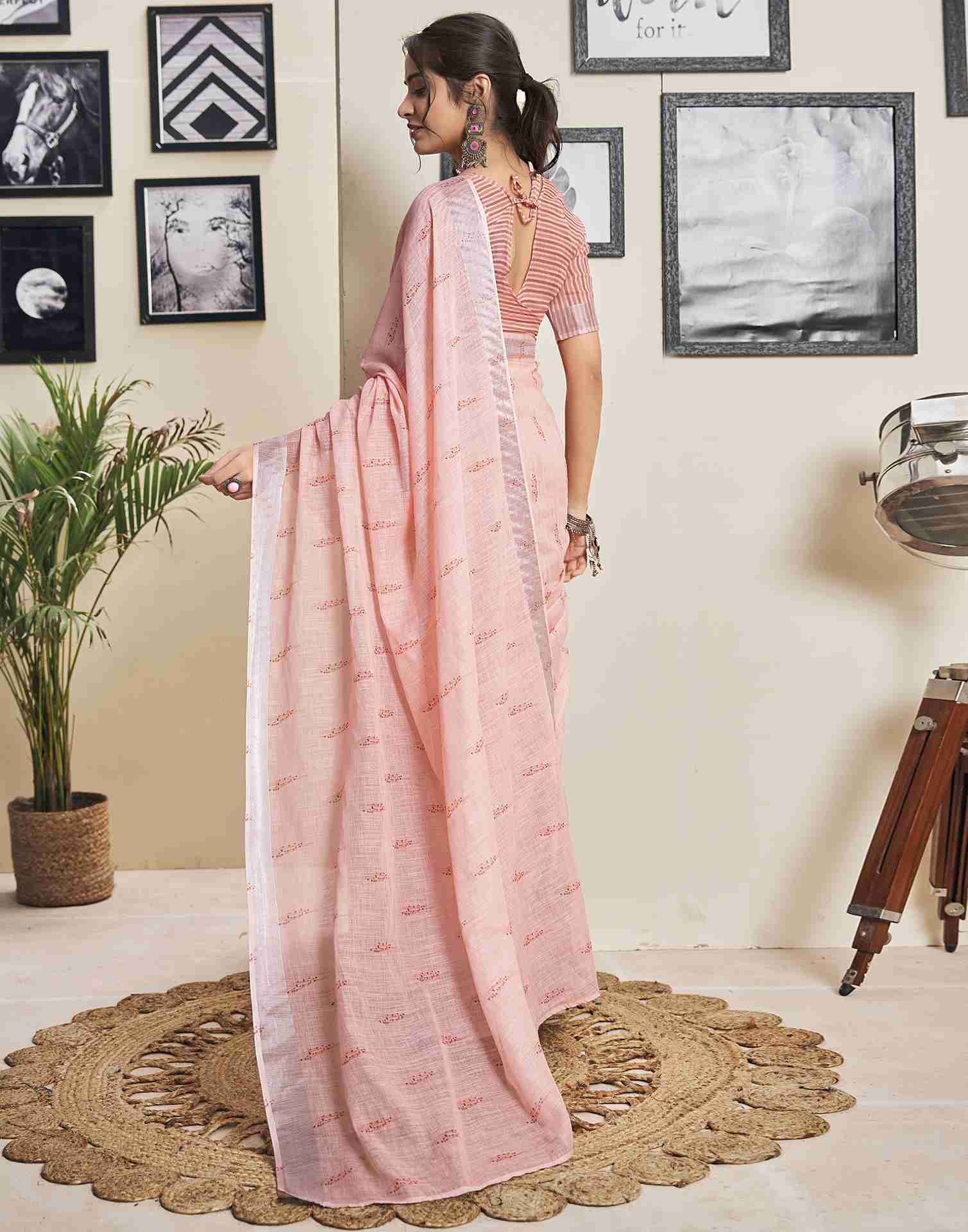 Ready To Wear Rose Pink Cotton Printed Saree