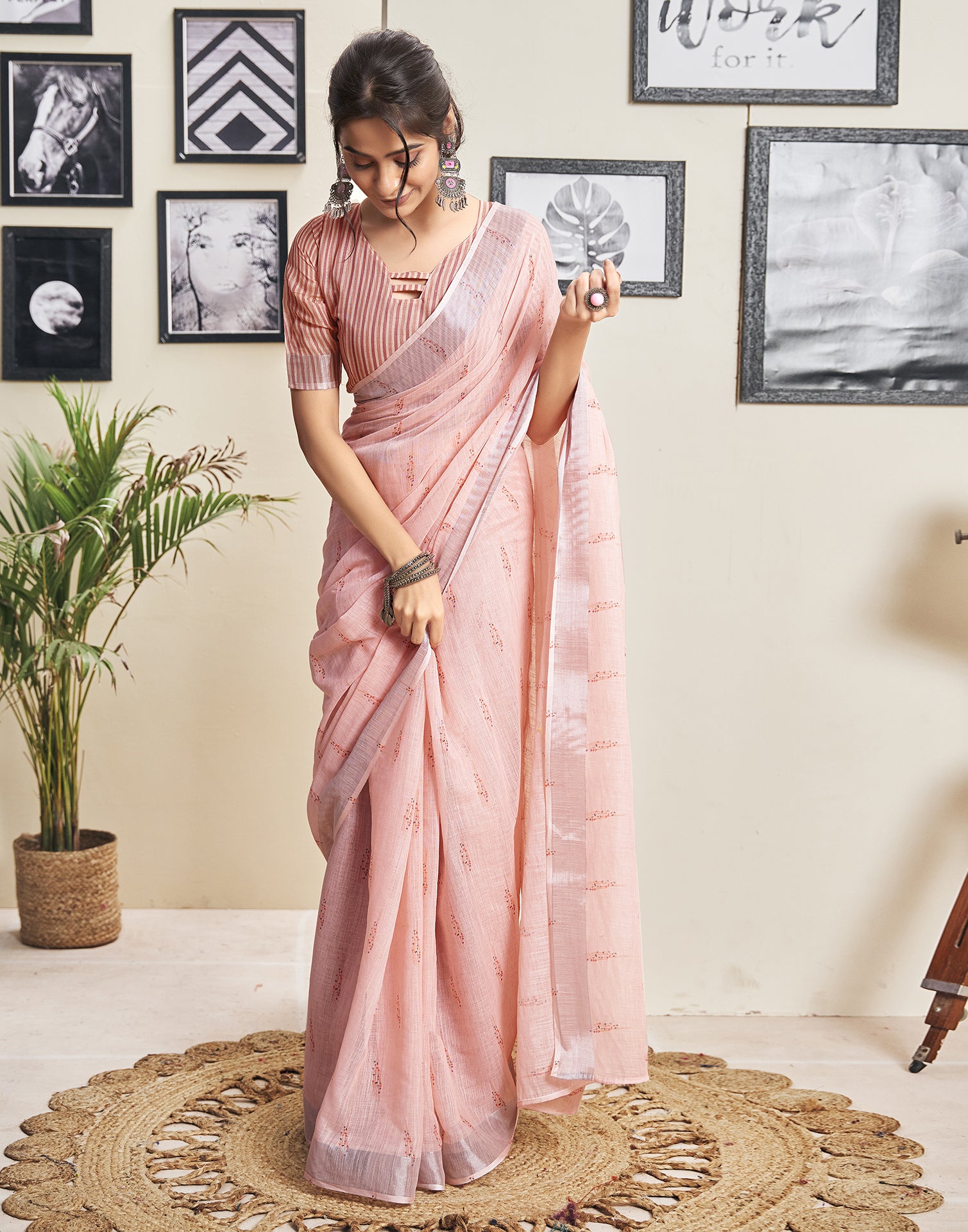 Ready To Wear Rose Pink Cotton Printed Saree