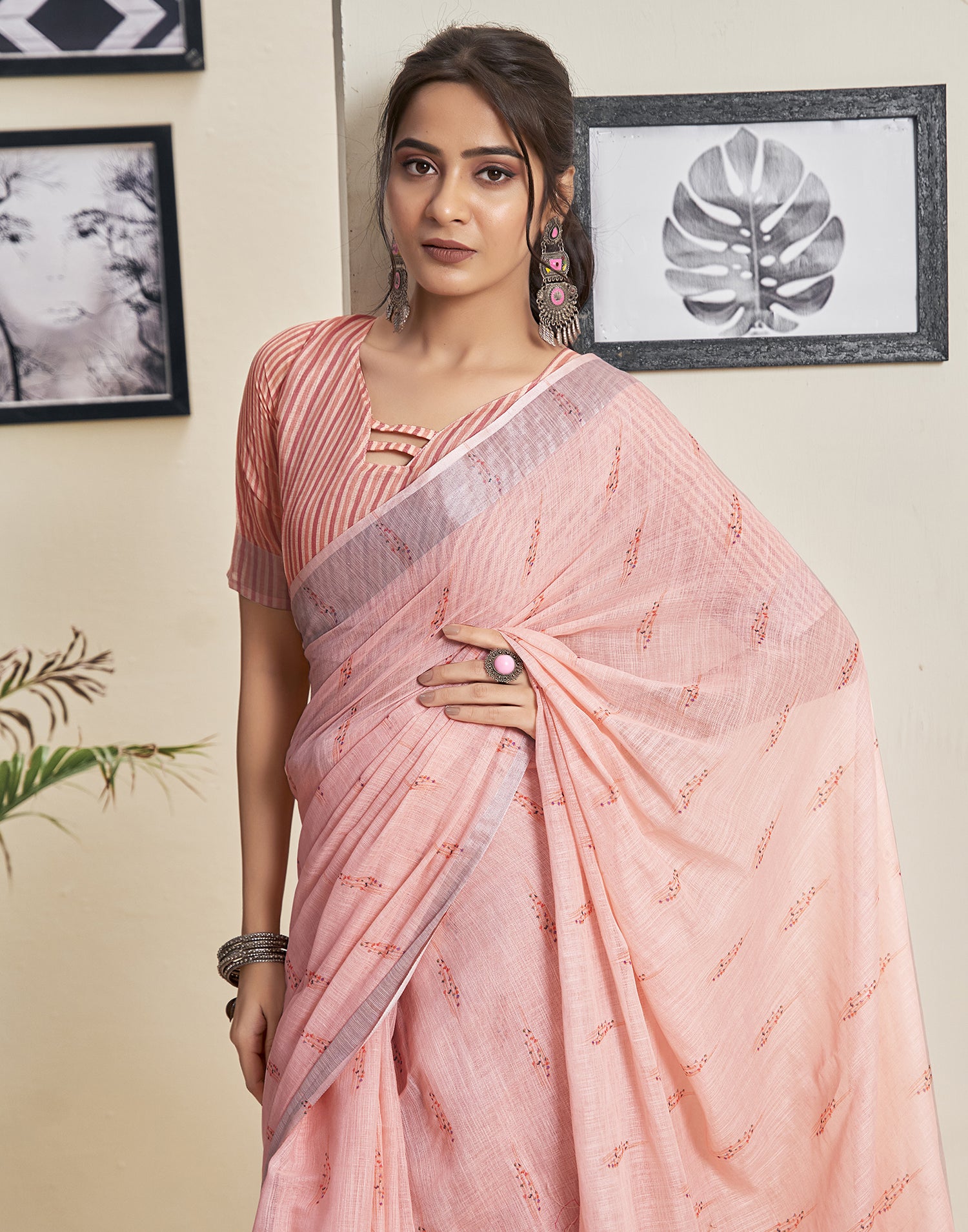 Ready To Wear Rose Pink Cotton Printed Saree