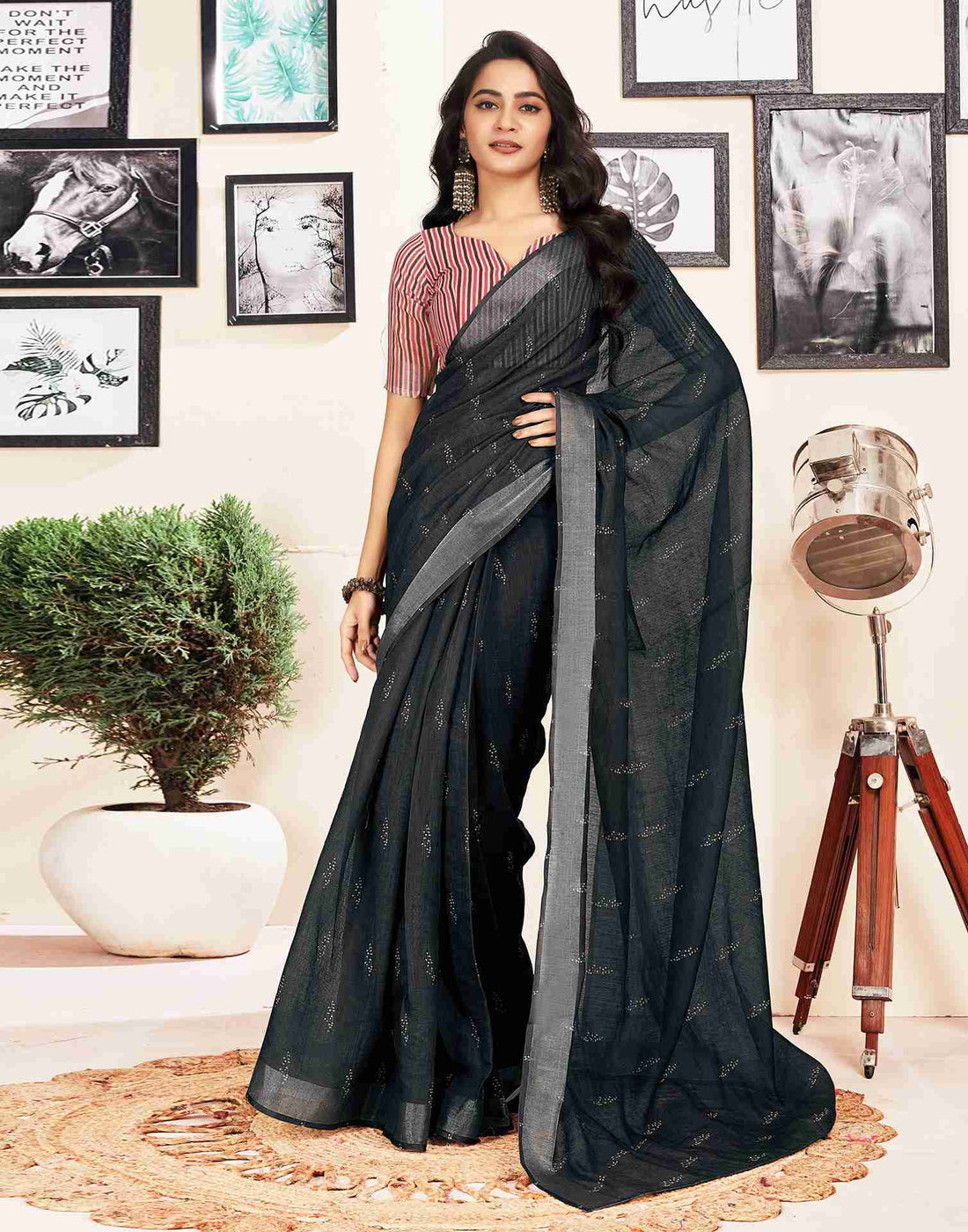 Ready To Wear Black Cotton Printed Saree