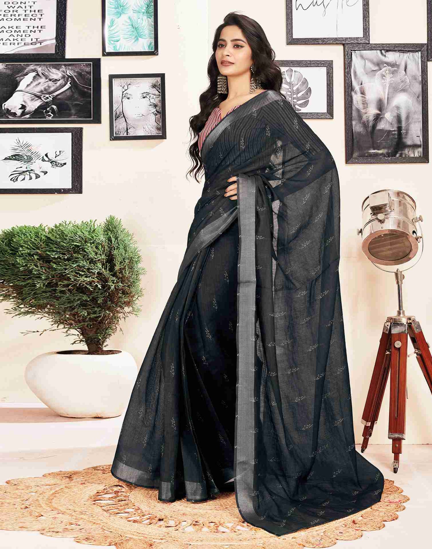 Ready To Wear Black Cotton Printed Saree