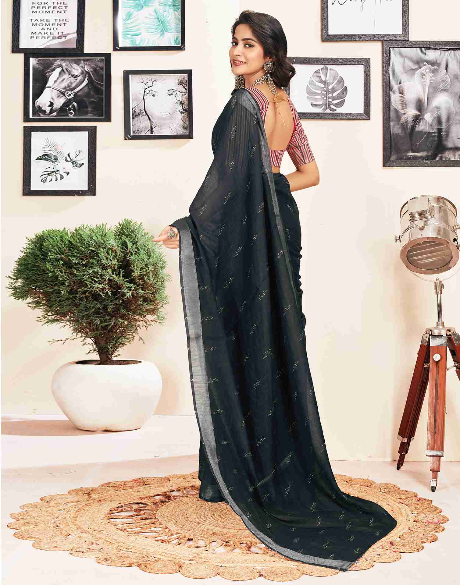 Ready To Wear Black Cotton Printed Saree