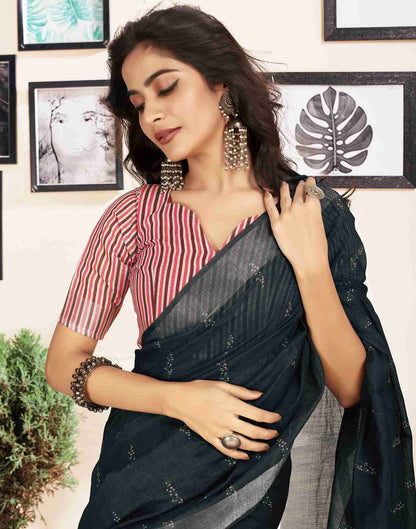 Ready To Wear Black Cotton Printed Saree