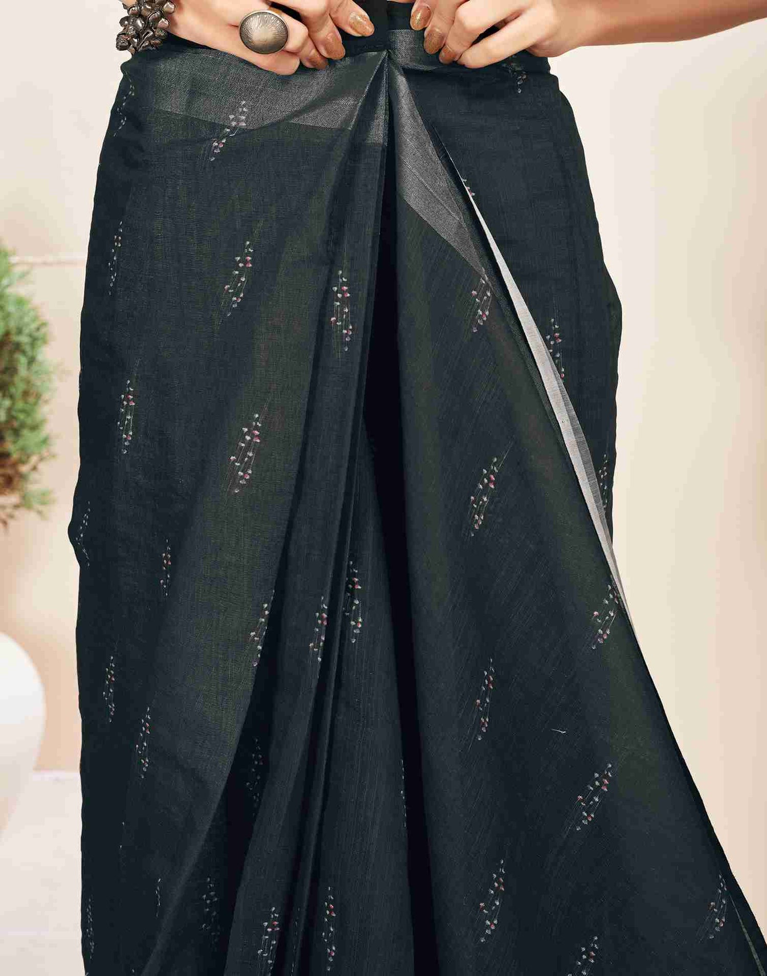 Ready To Wear Black Cotton Printed Saree