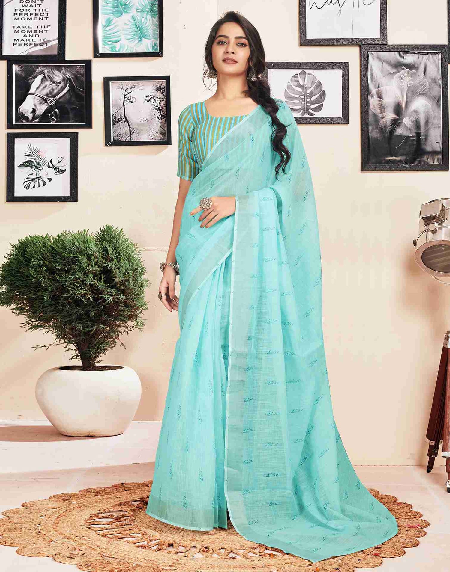 Ready To Wear Sky Blue Cotton Printed Saree