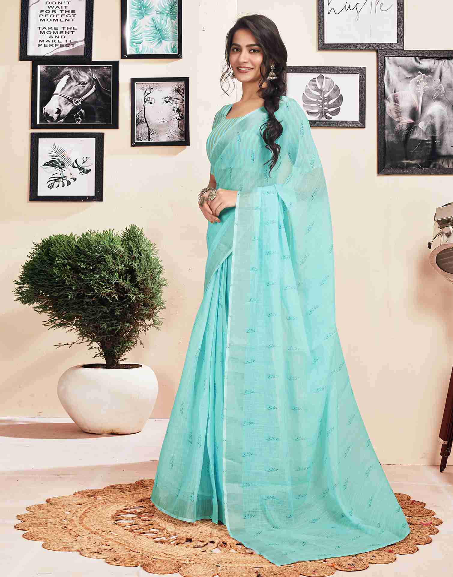 Ready To Wear Sky Blue Cotton Printed Saree