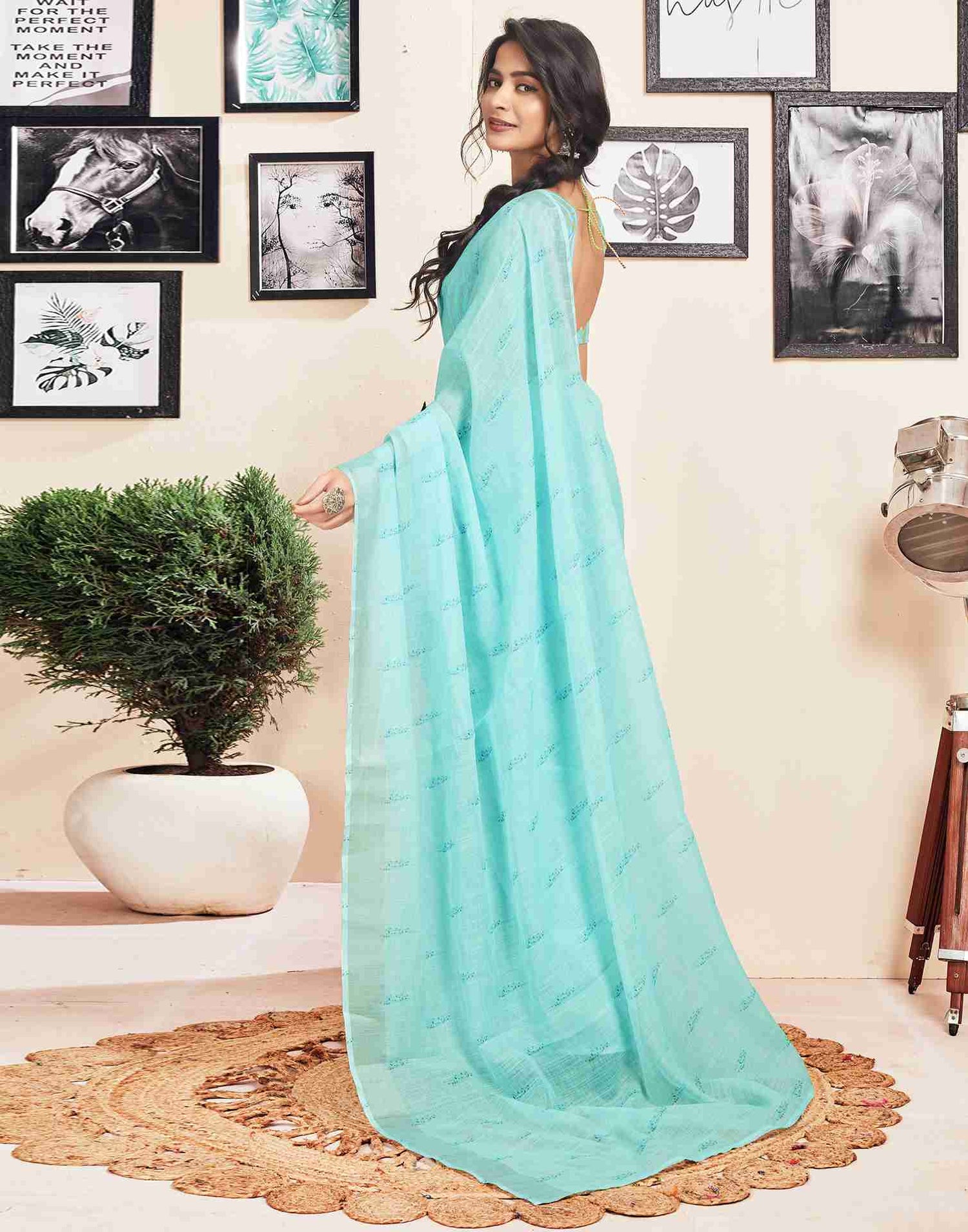 Ready To Wear Sky Blue Cotton Printed Saree