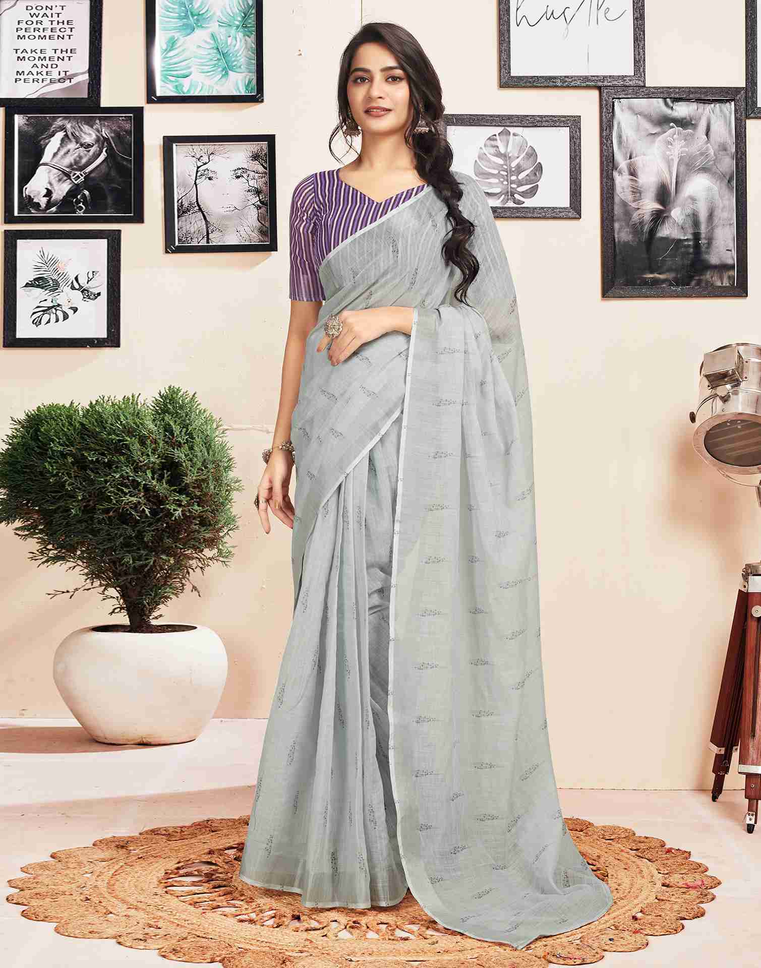 Ready To Wear Grey Cotton Printed Saree