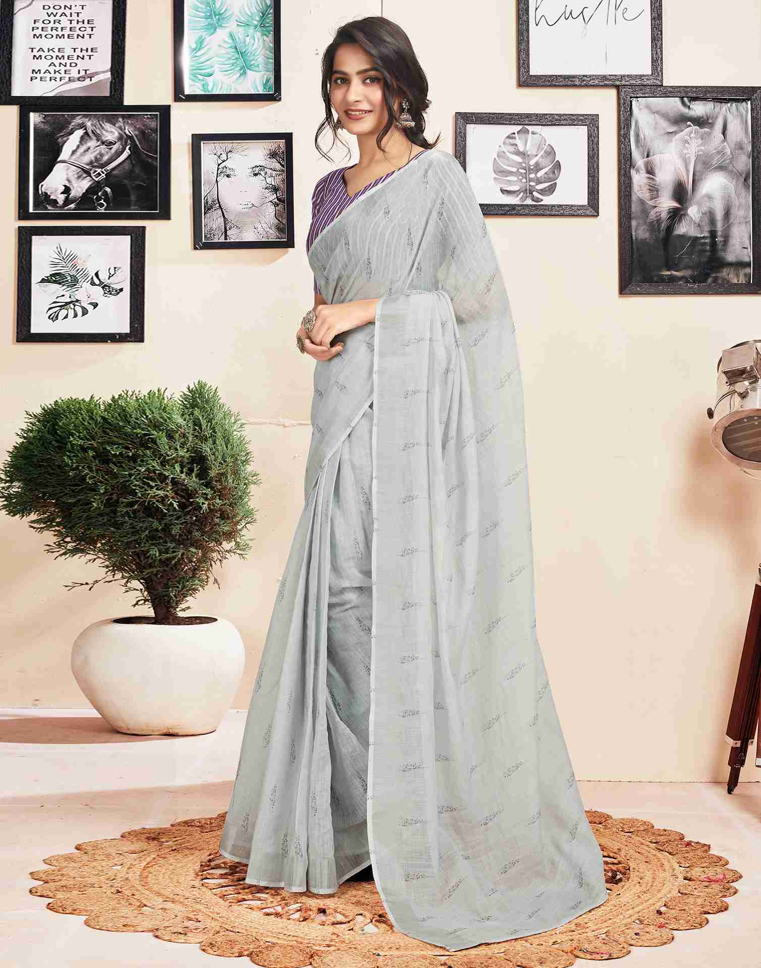 Ready To Wear Grey Cotton Printed Saree