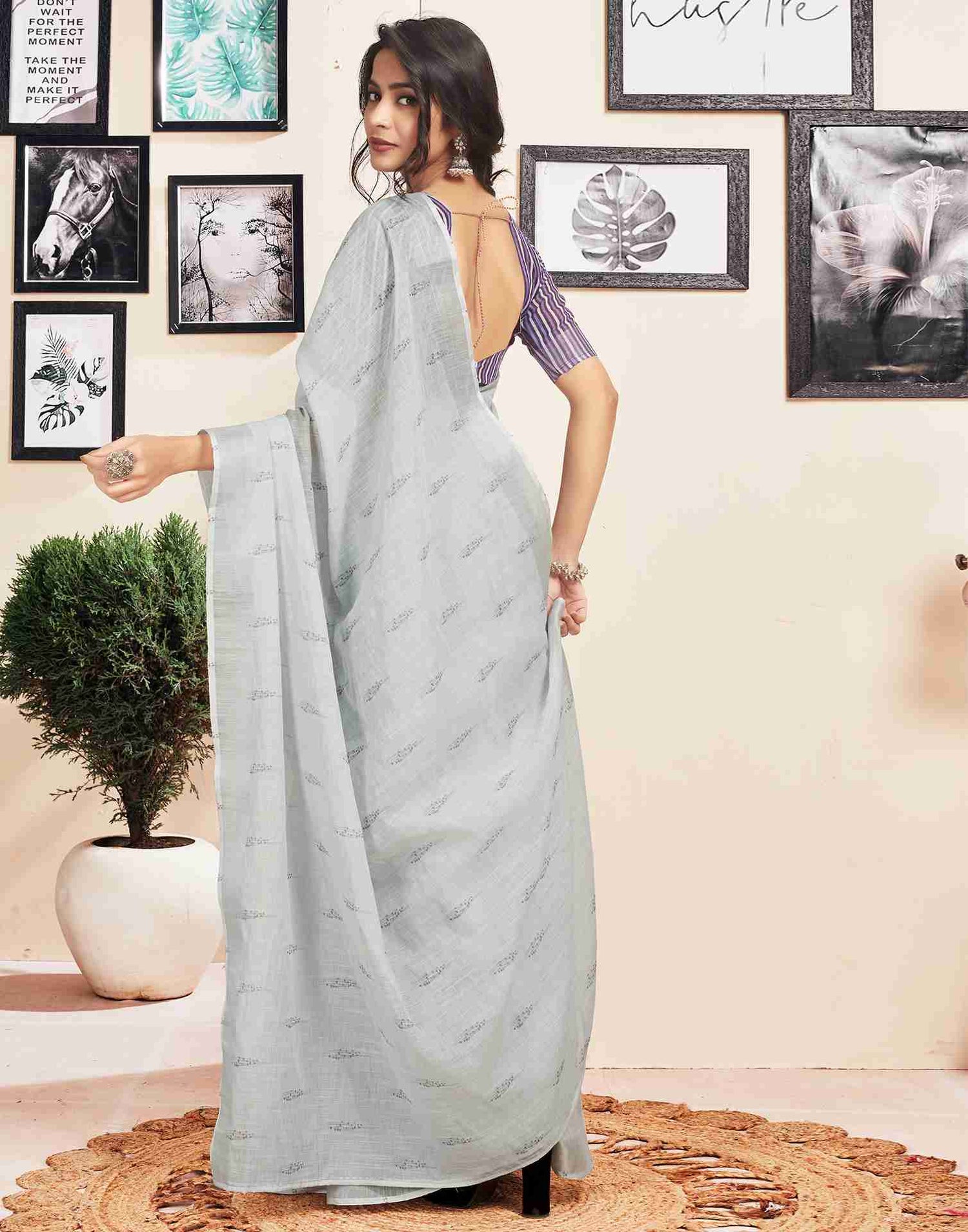 Ready To Wear Grey Cotton Printed Saree