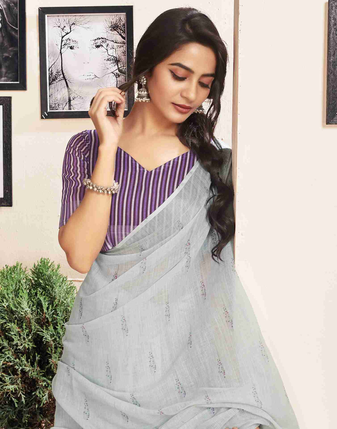 Ready To Wear Grey Cotton Printed Saree