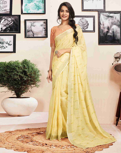 Ready To Wear Light Yellow Cotton Printed Saree