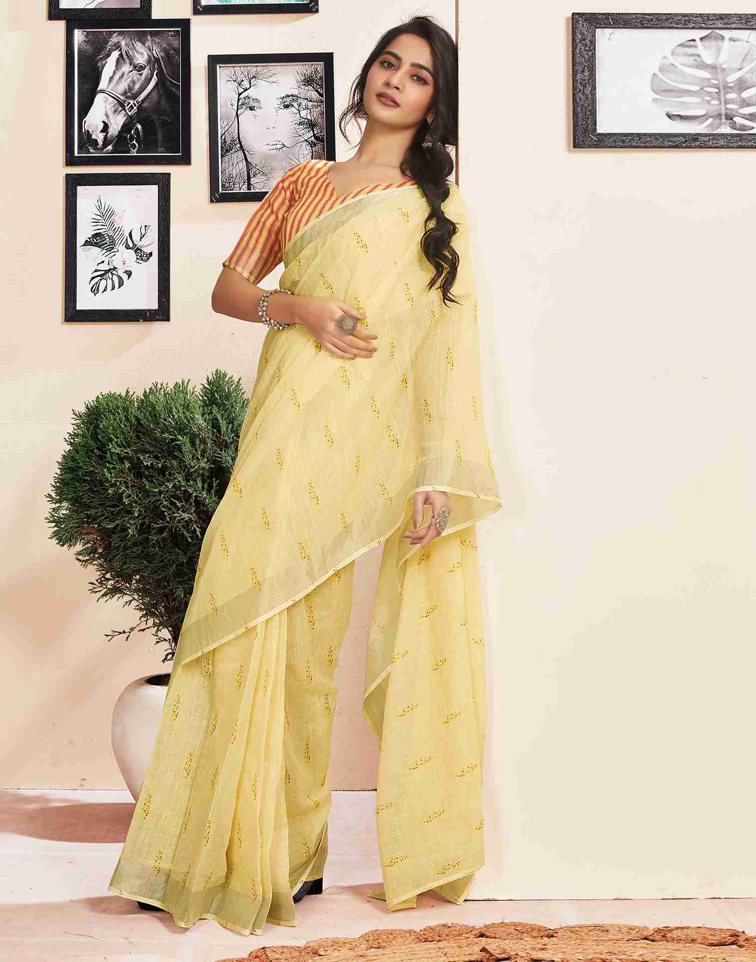 Ready To Wear Light Yellow Cotton Printed Saree