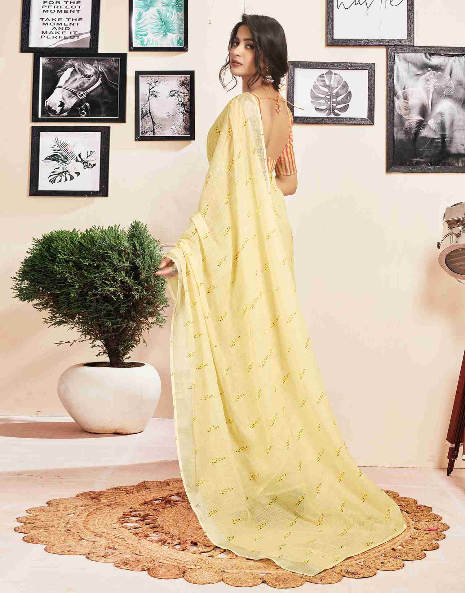 Ready To Wear Light Yellow Cotton Printed Saree