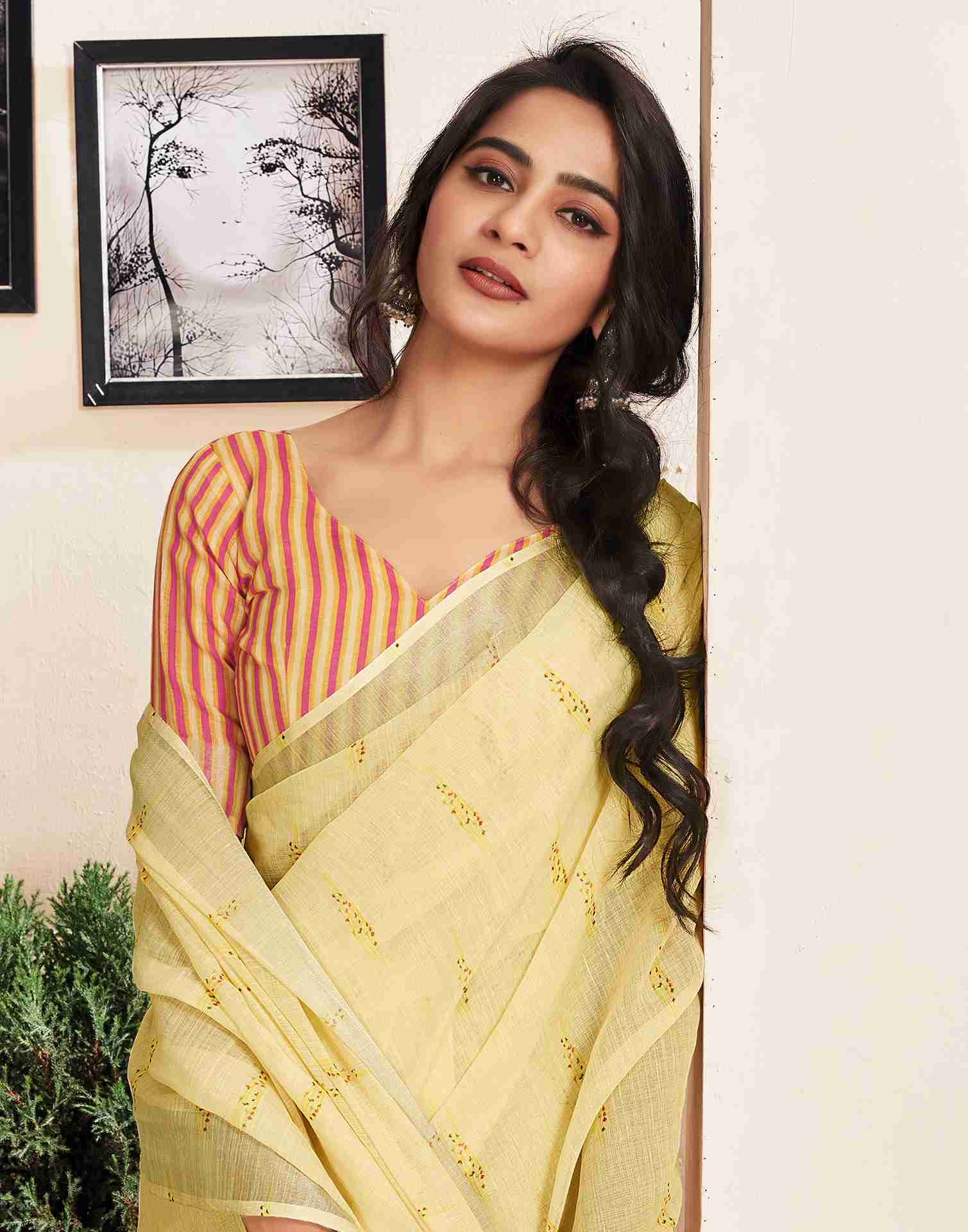 Ready To Wear Light Yellow Cotton Printed Saree