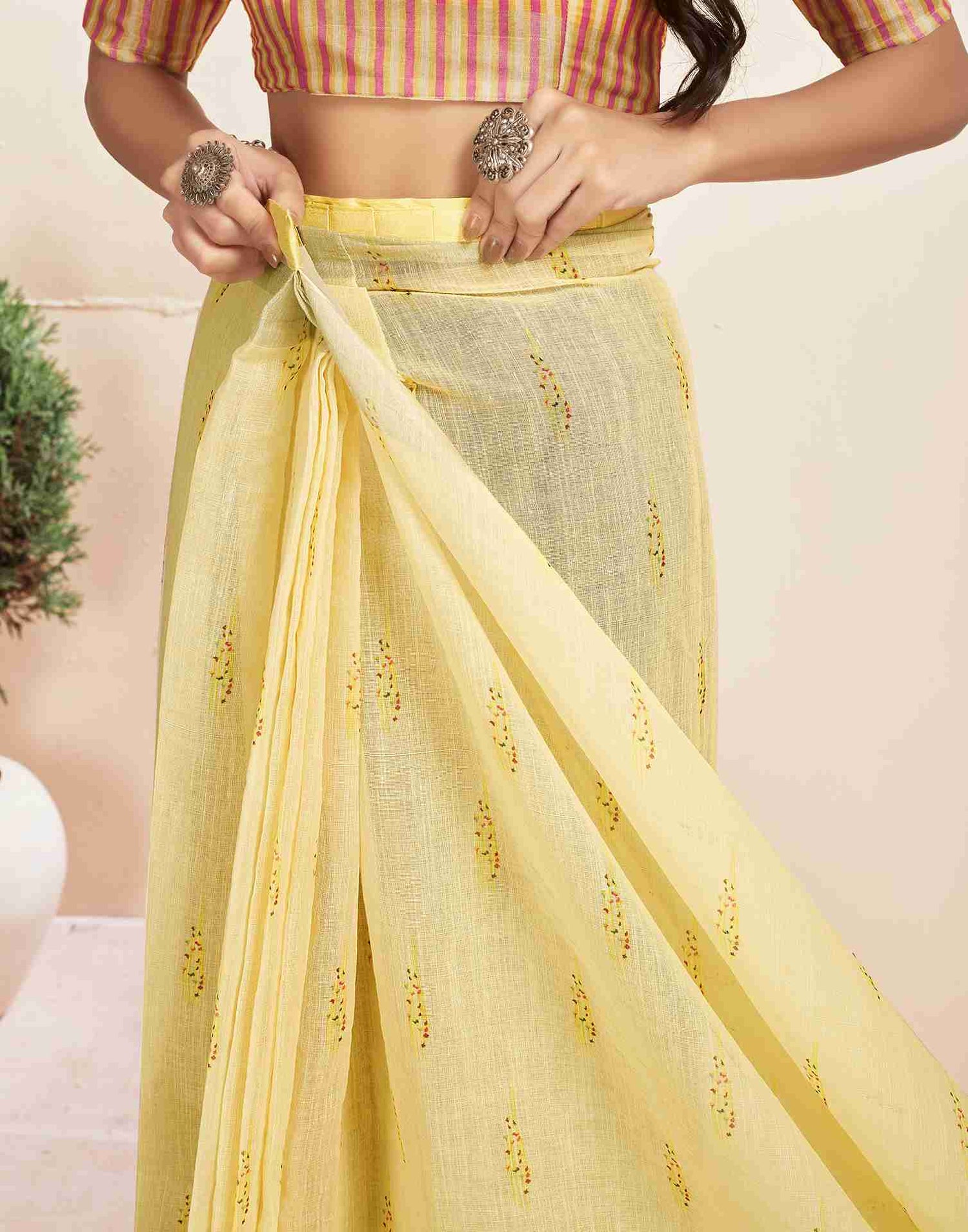 Ready To Wear Light Yellow Cotton Printed Saree