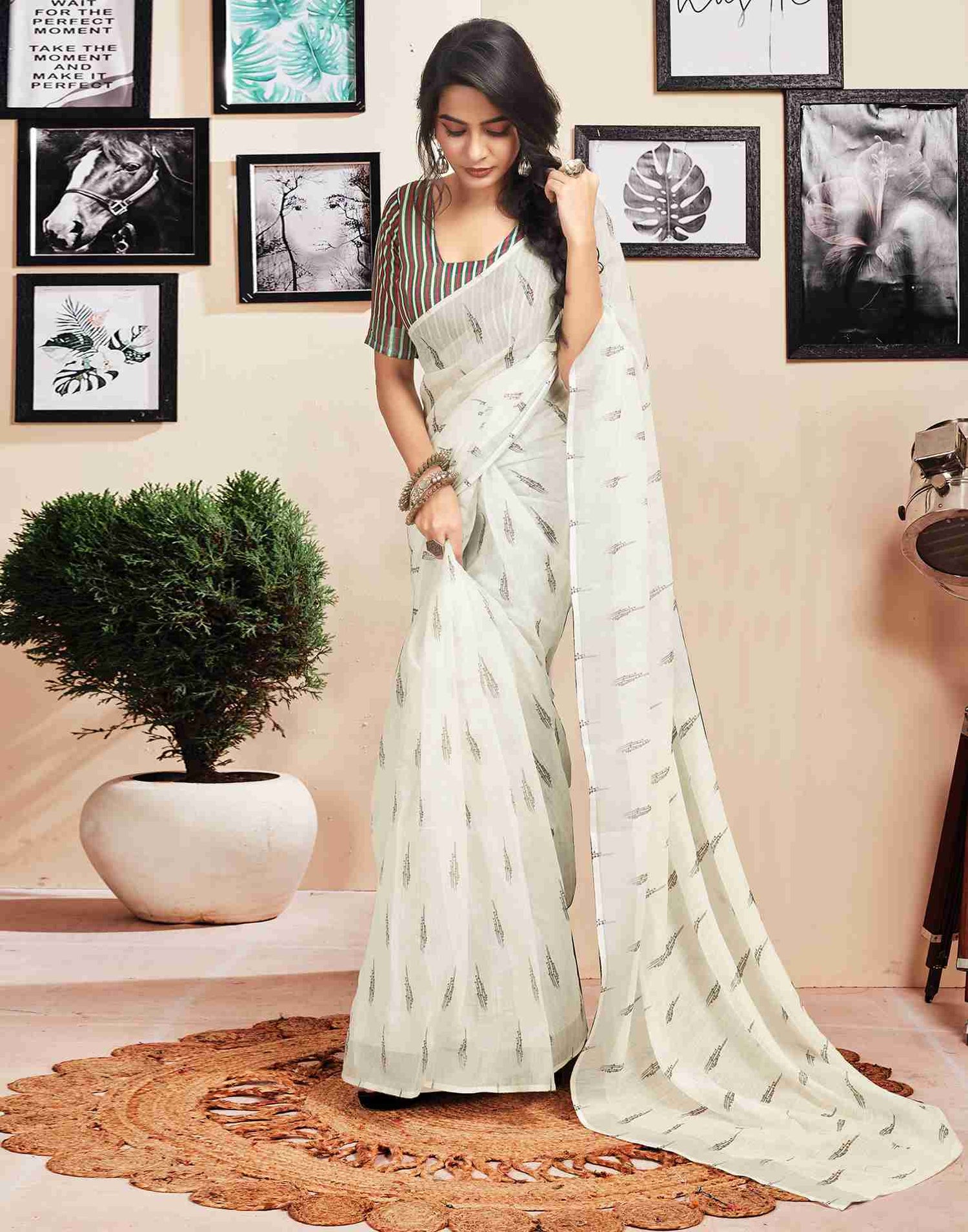 Ready To Wear White Cotton Printed Saree