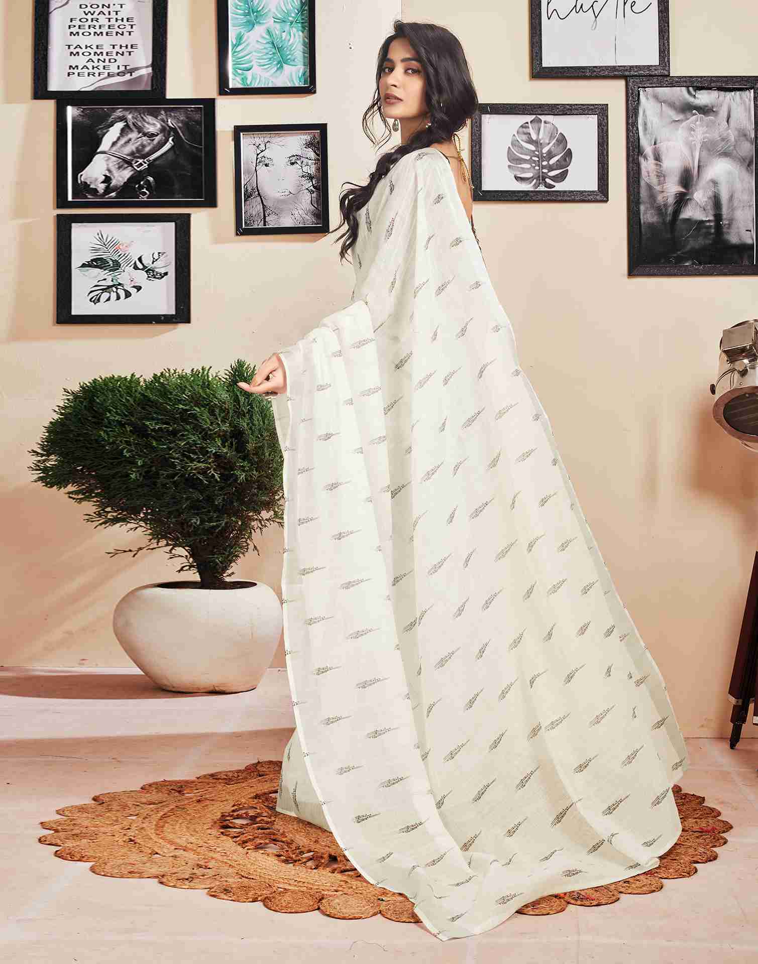 Ready To Wear White Cotton Printed Saree