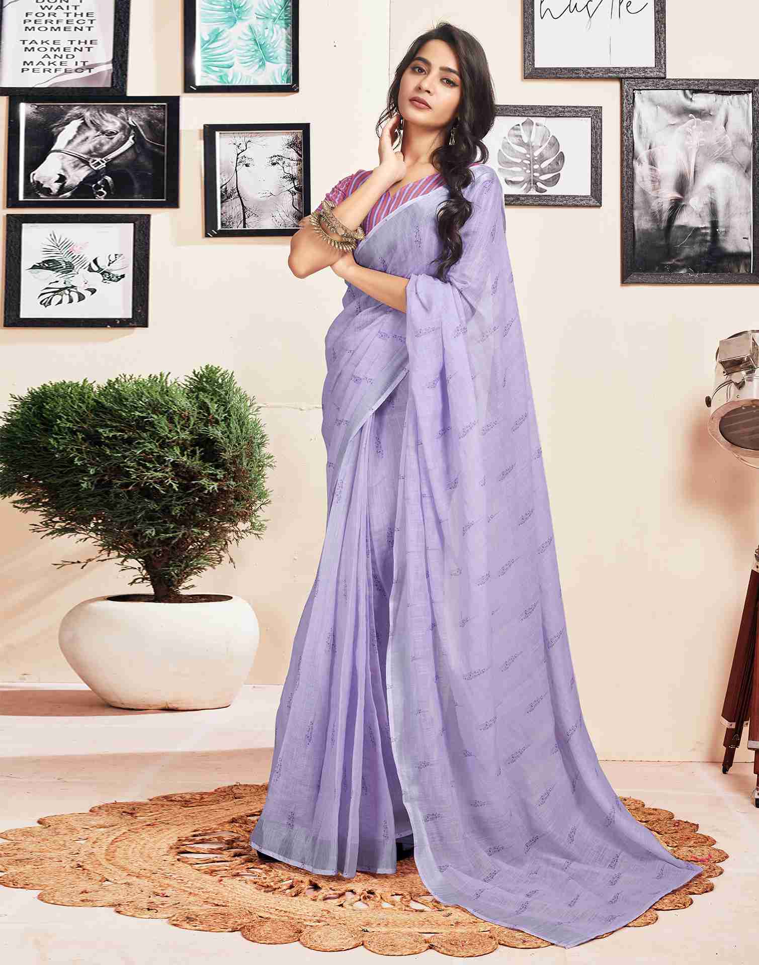 Ready To Wear Lavender Cotton Printed Saree