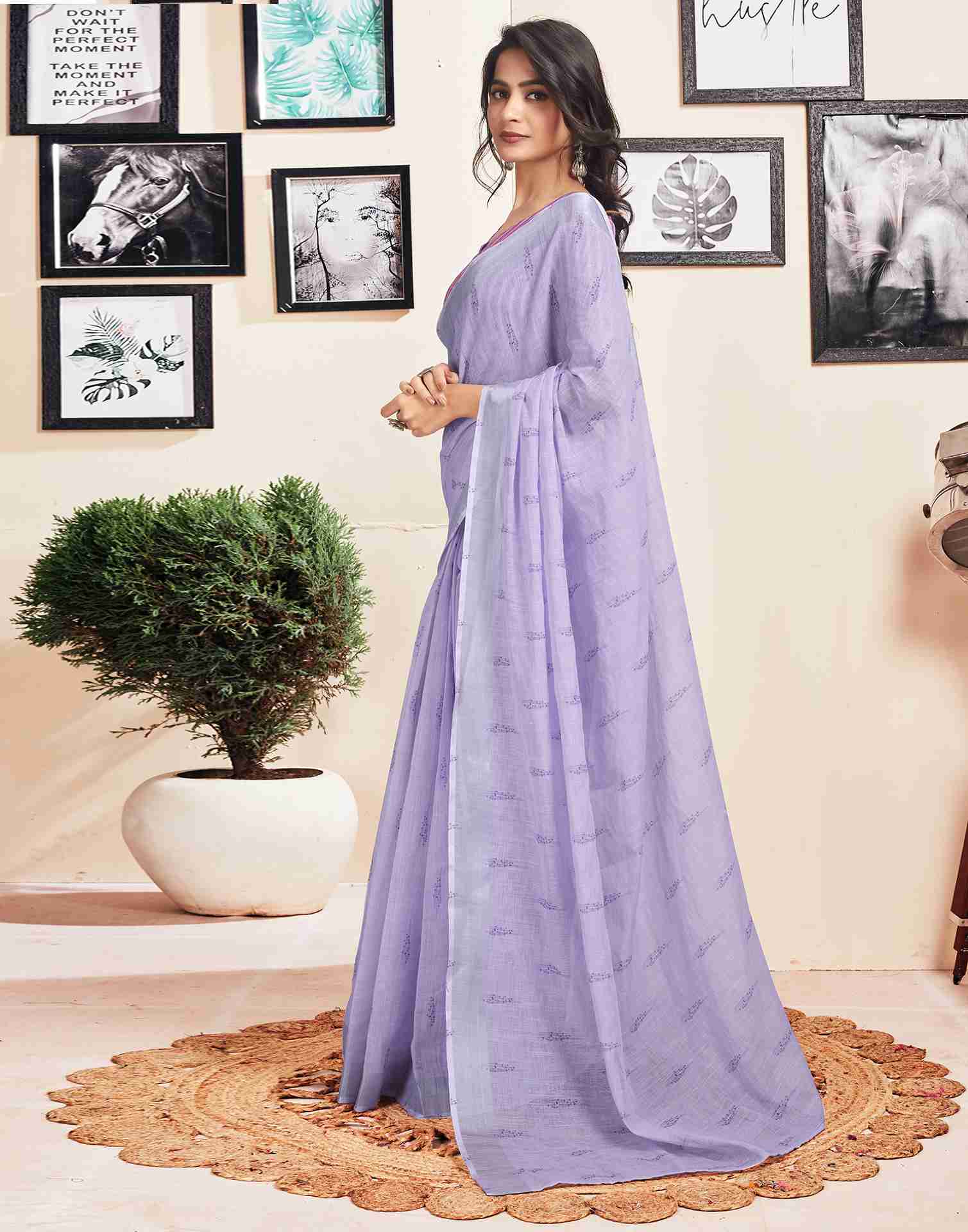 Ready To Wear Lavender Cotton Printed Saree