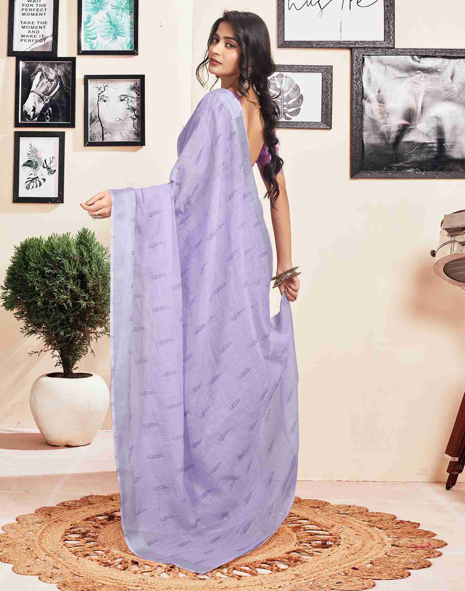 Ready To Wear Lavender Cotton Printed Saree