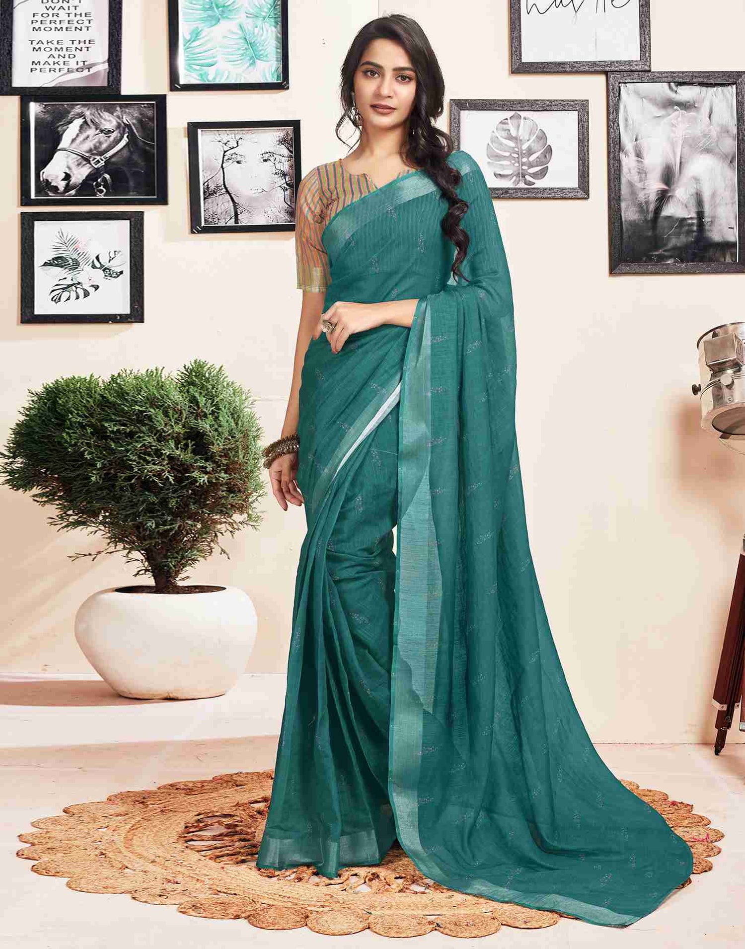 Ready To Wear Rama Green Cotton Printed Saree