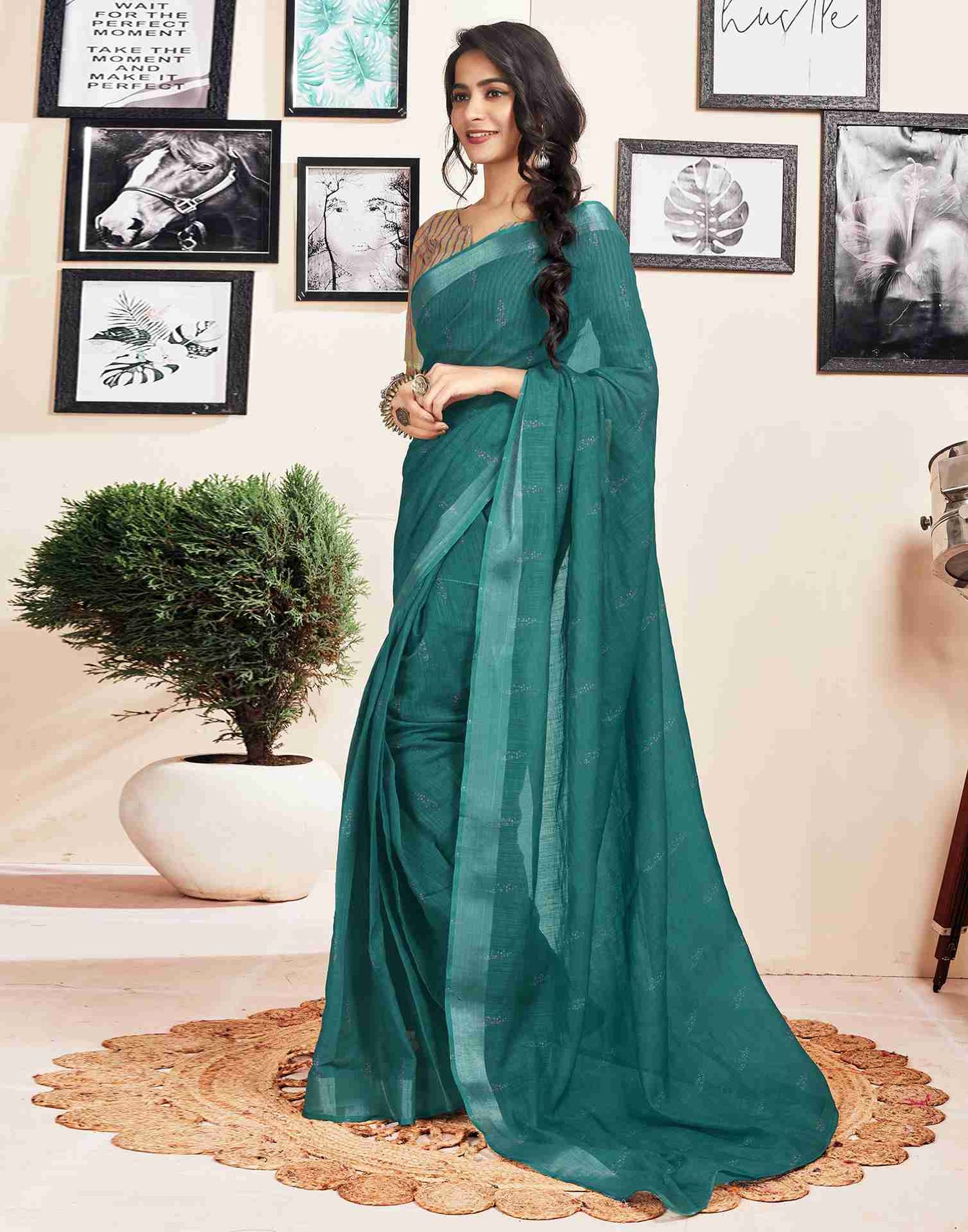 Ready To Wear Rama Green Cotton Printed Saree