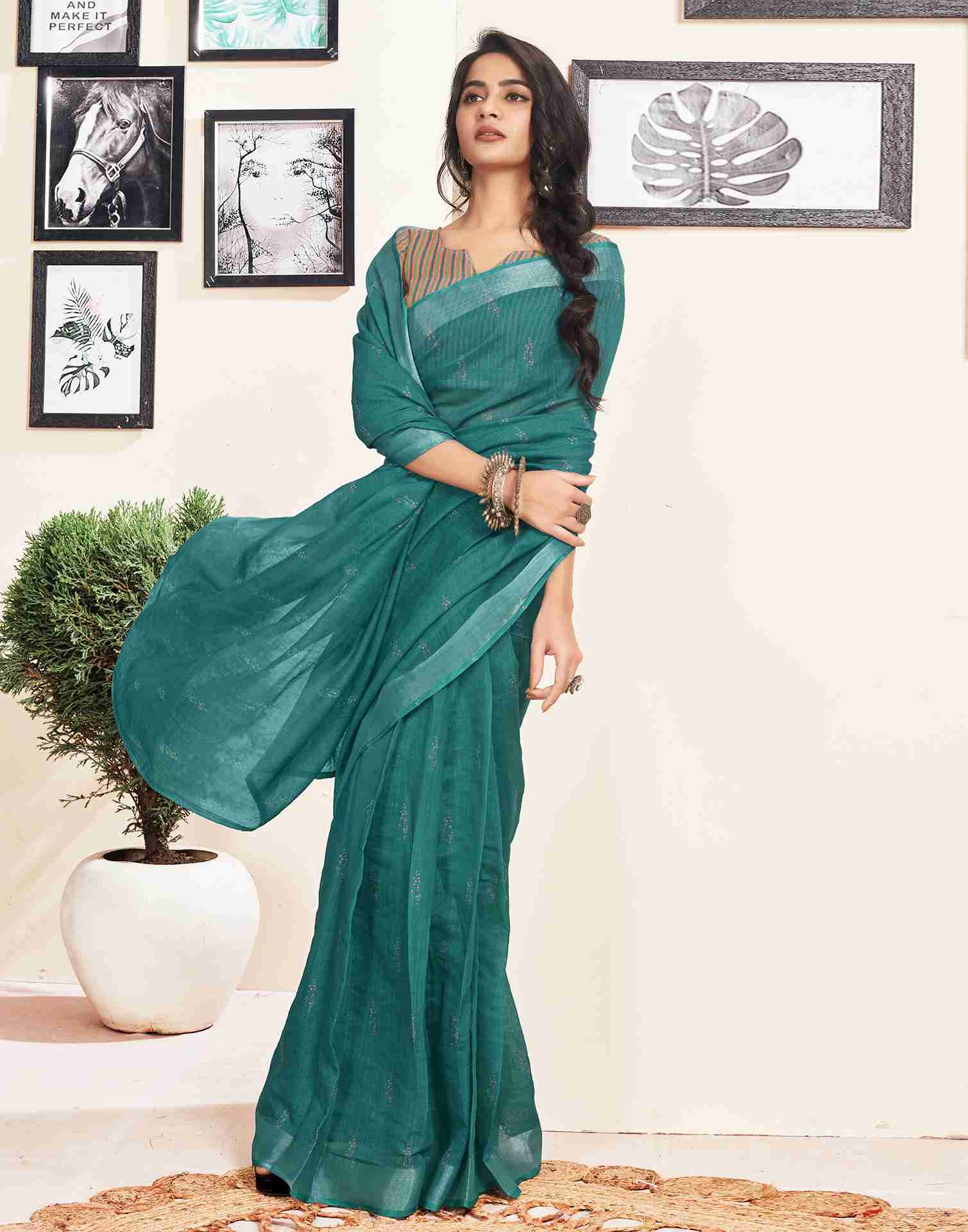 Ready To Wear Rama Green Cotton Printed Saree