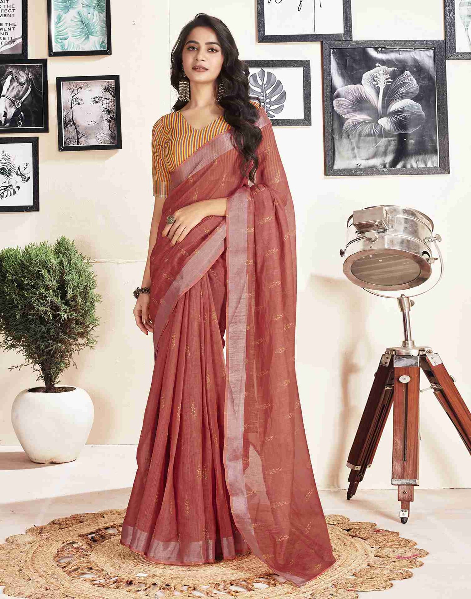 Ready To Wear Dusty Red Cotton Printed Saree