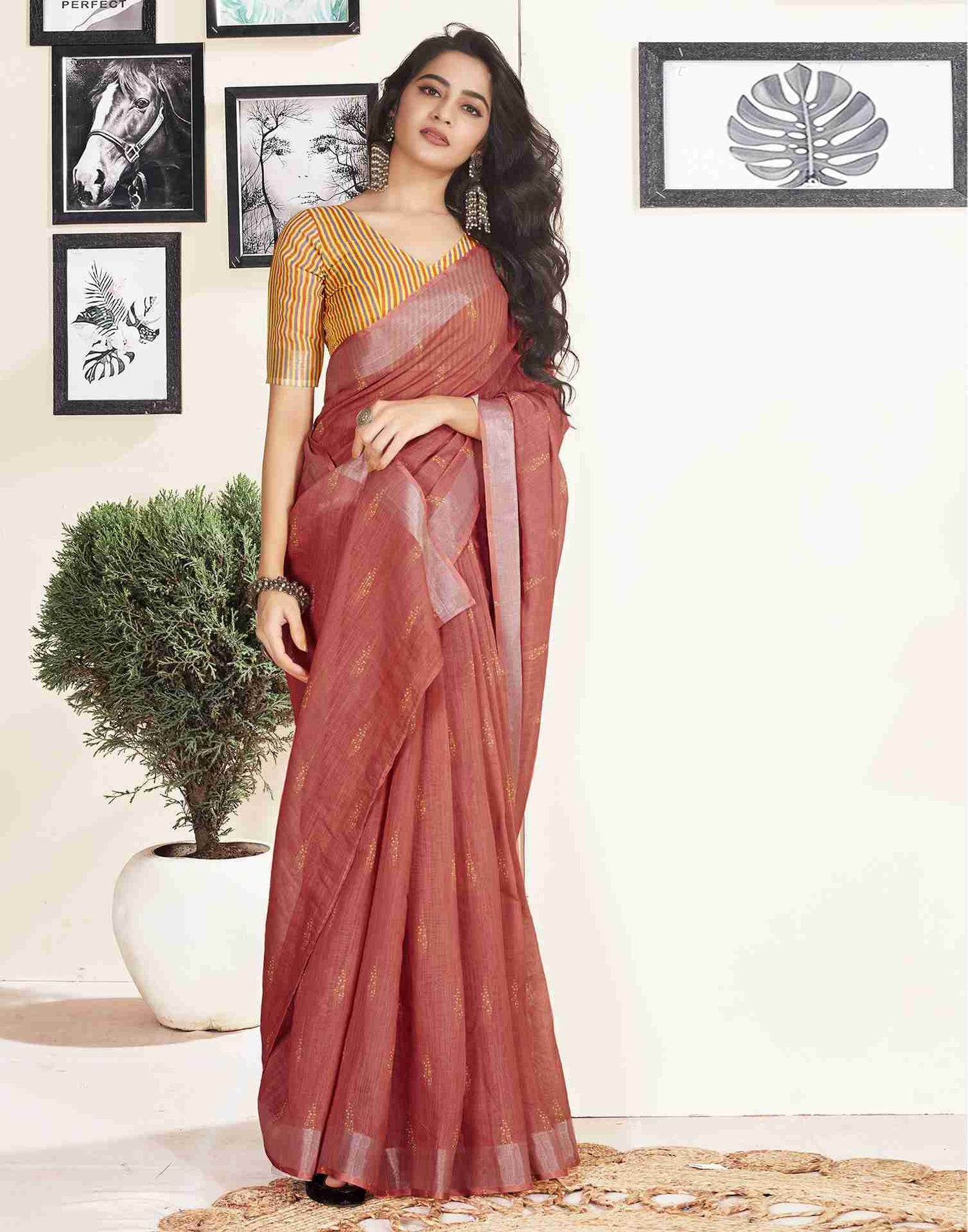 Ready To Wear Dusty Red Cotton Printed Saree