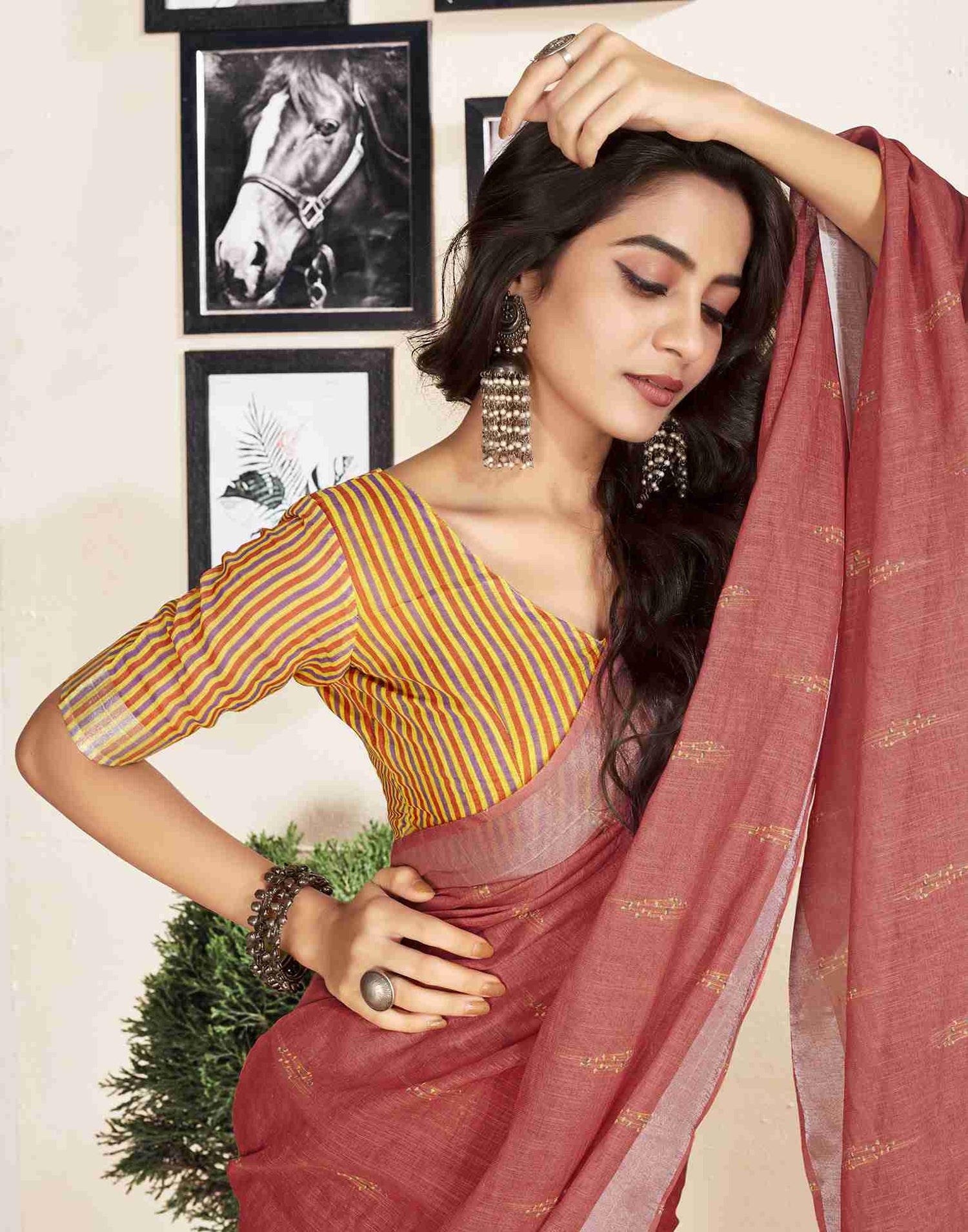 Ready To Wear Dusty Red Cotton Printed Saree