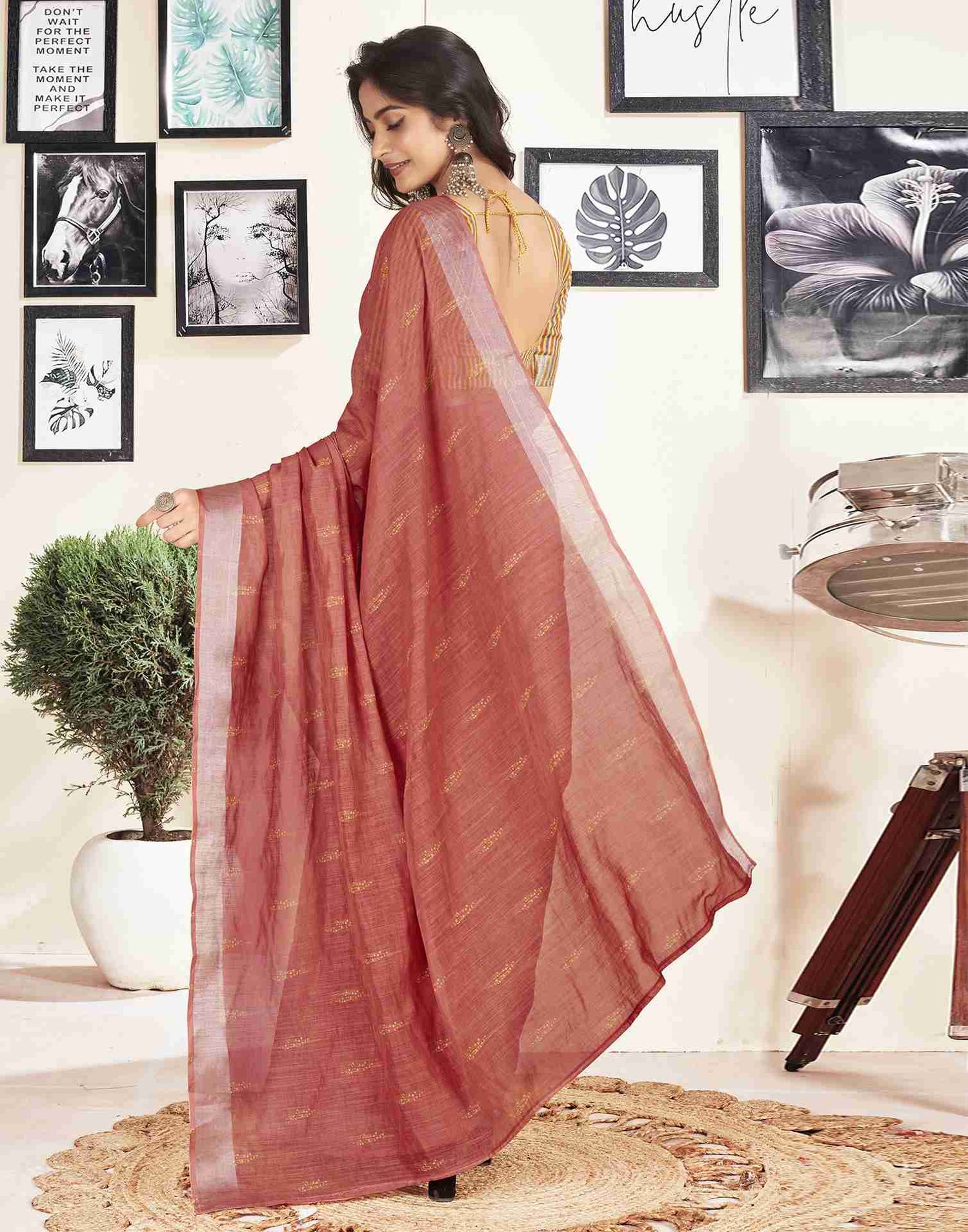 Ready To Wear Dusty Red Cotton Printed Saree