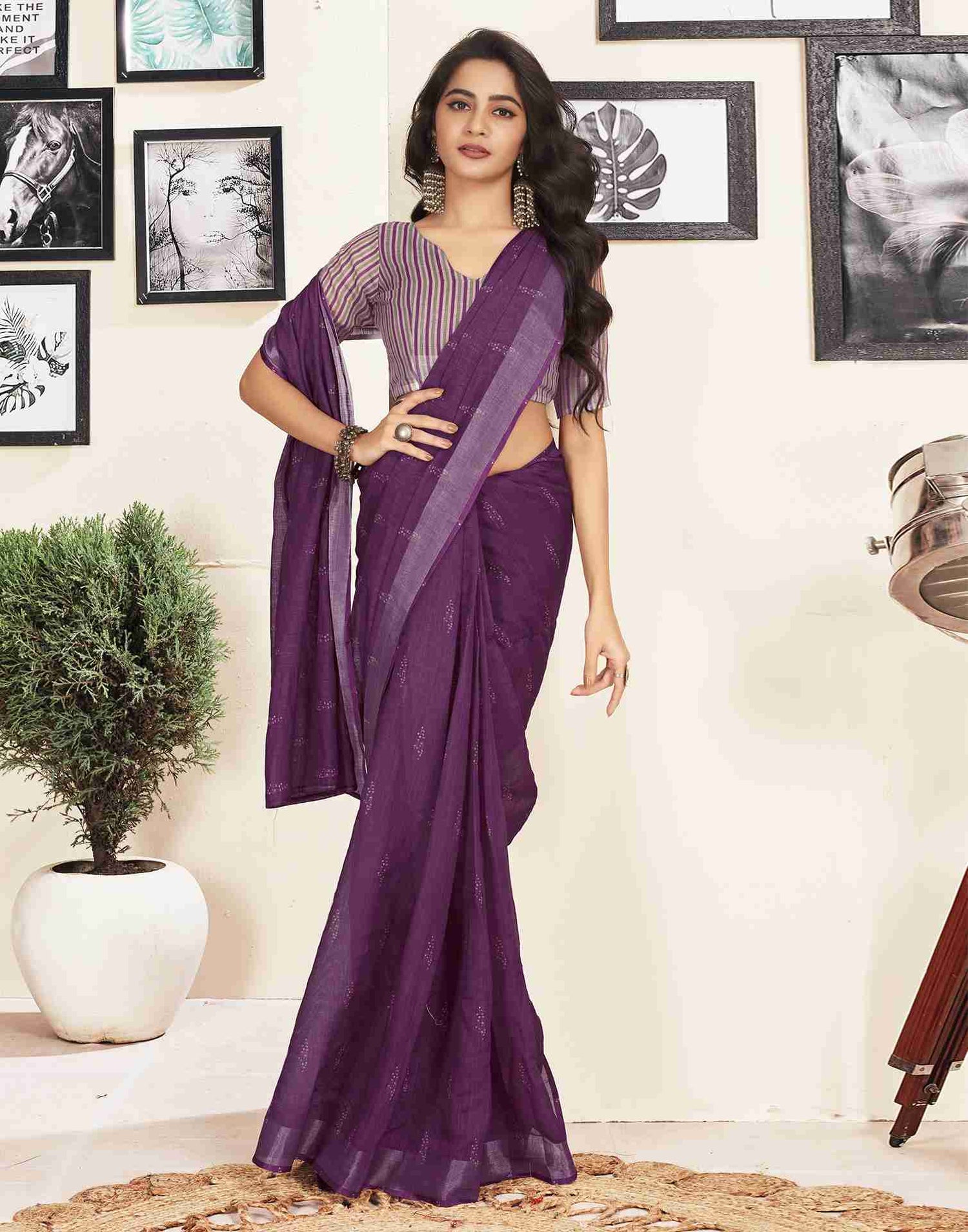 Ready To Wear Deep Purple Cotton Printed Saree