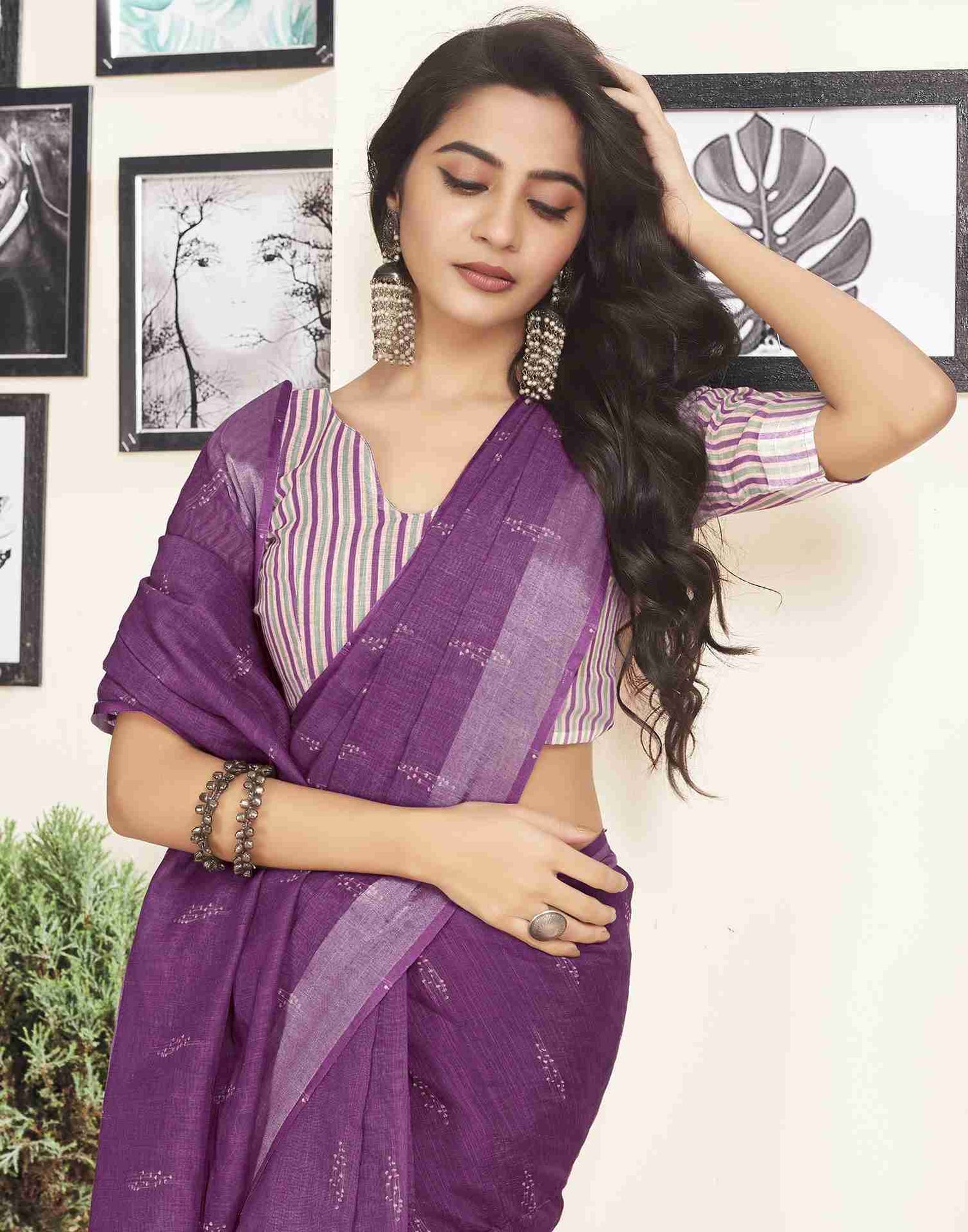 Ready To Wear Deep Purple Cotton Printed Saree