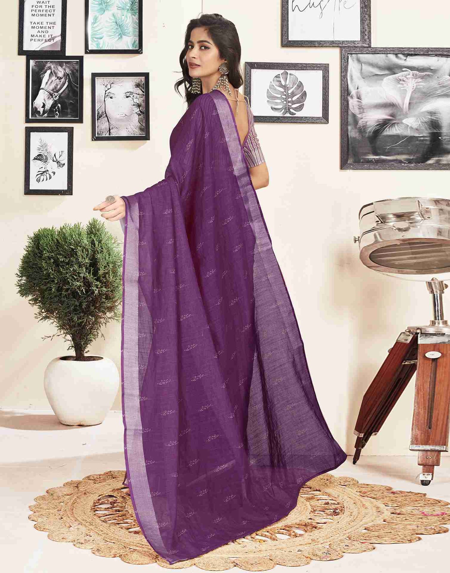 Ready To Wear Deep Purple Cotton Printed Saree