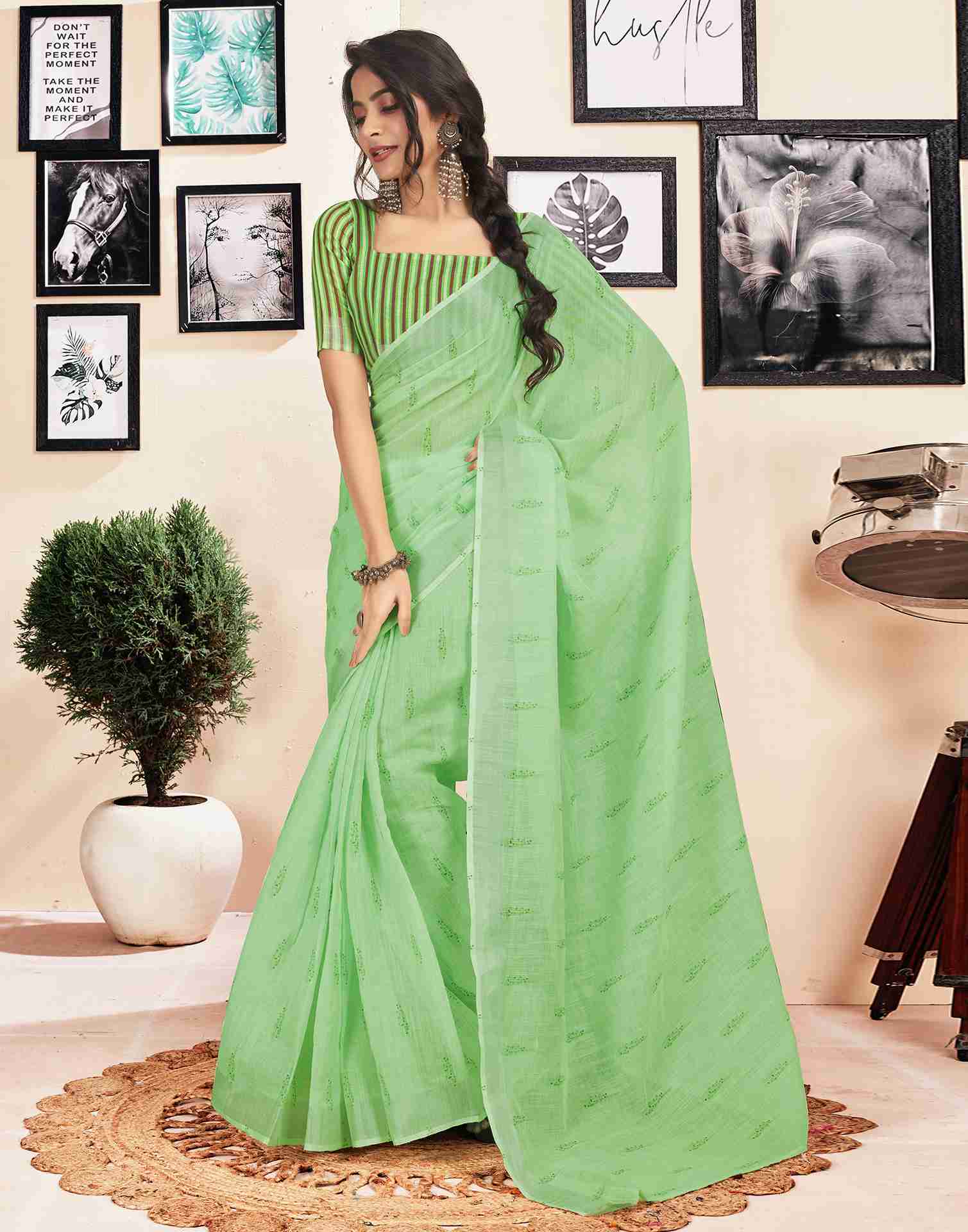 Ready To Wear Light Green Cotton Printed Saree