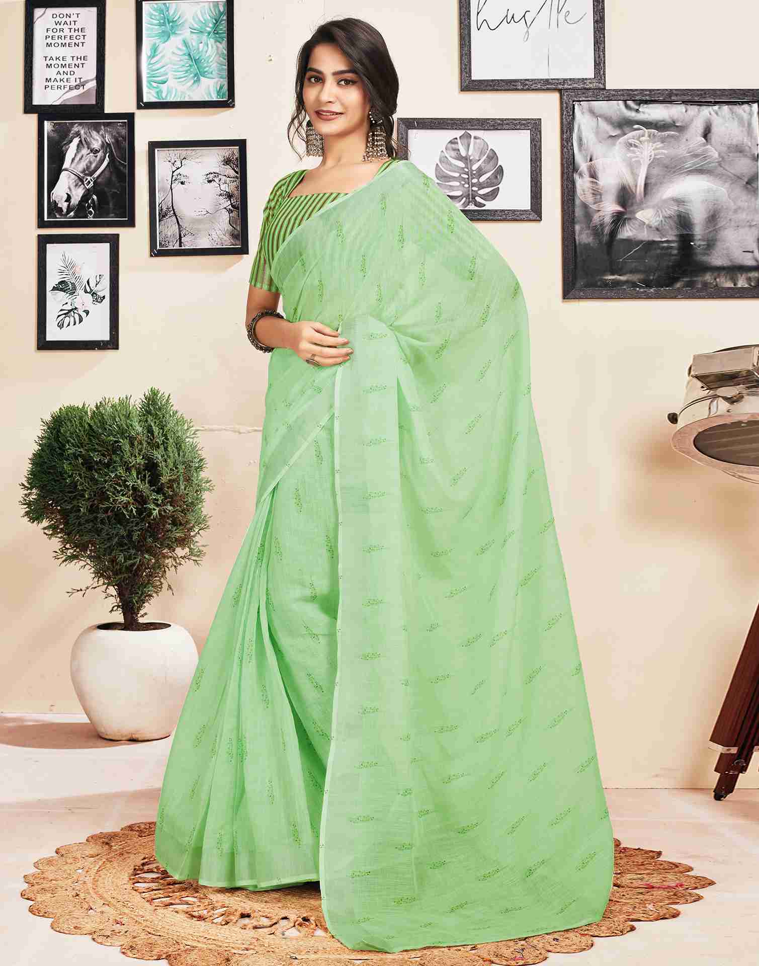 Ready To Wear Light Green Cotton Printed Saree