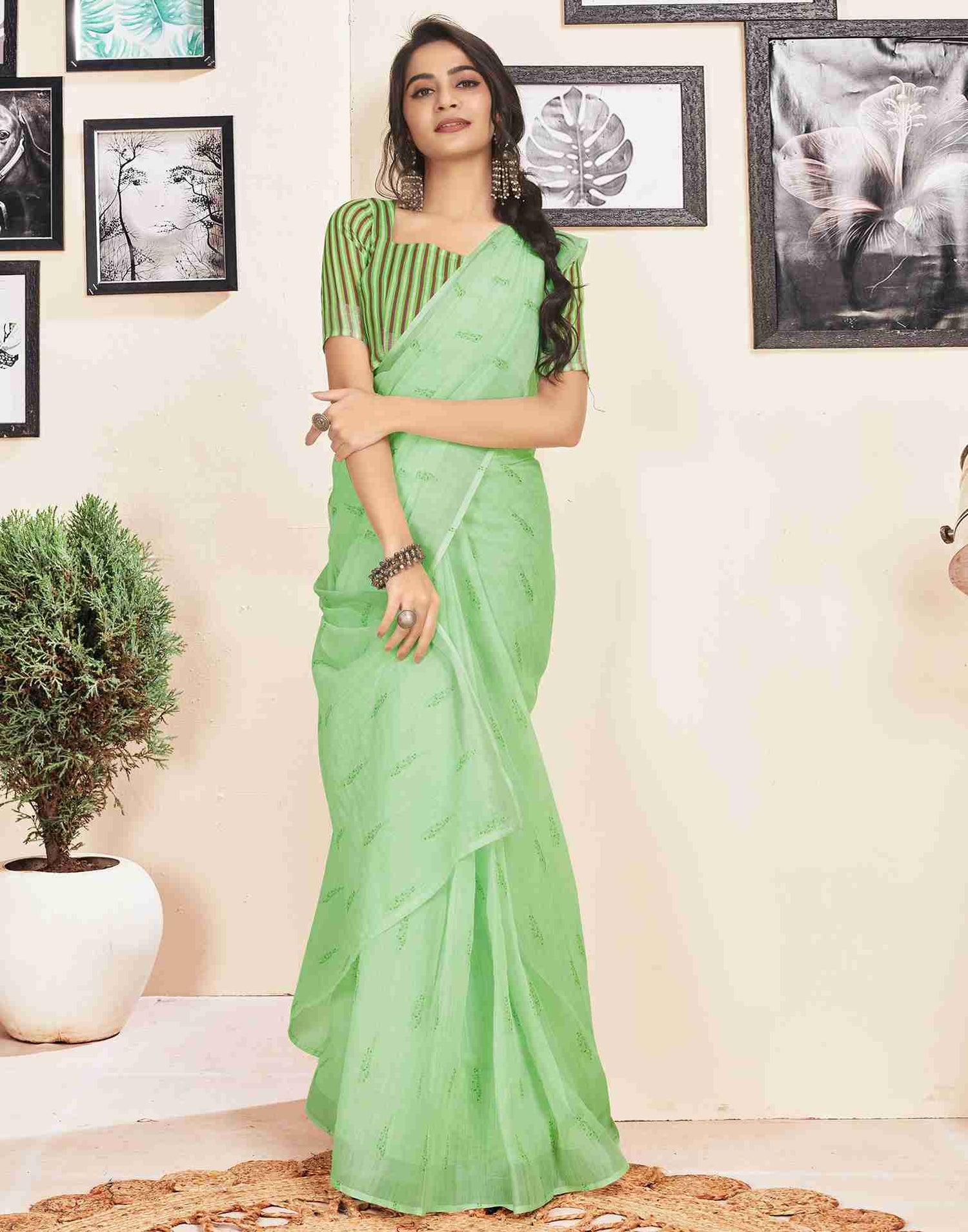 Ready To Wear Light Green Cotton Printed Saree