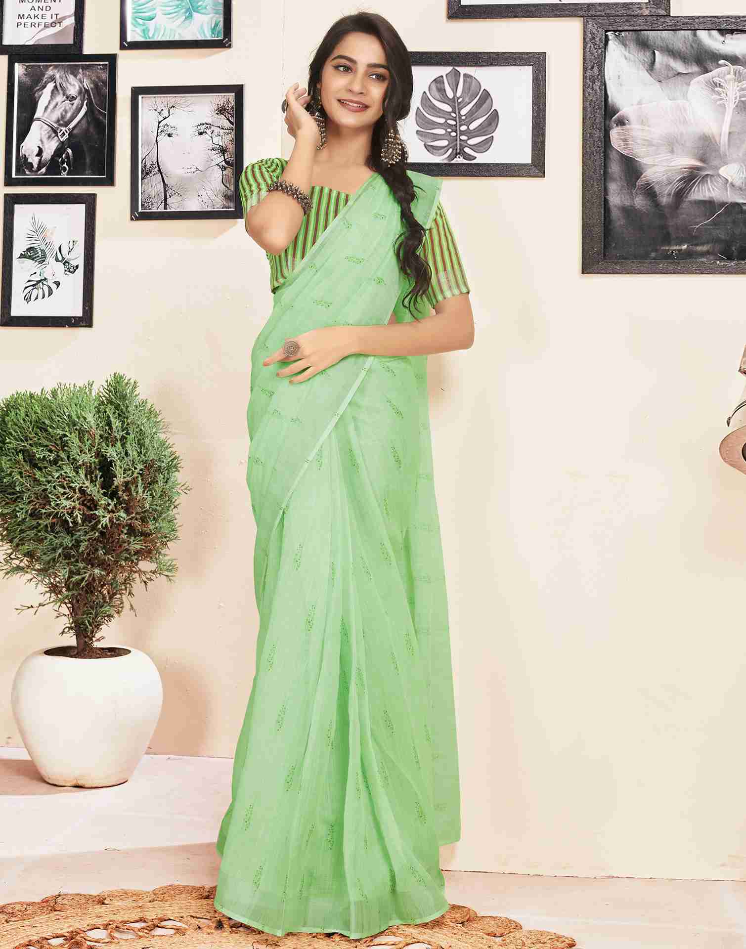 Ready To Wear Light Green Cotton Printed Saree