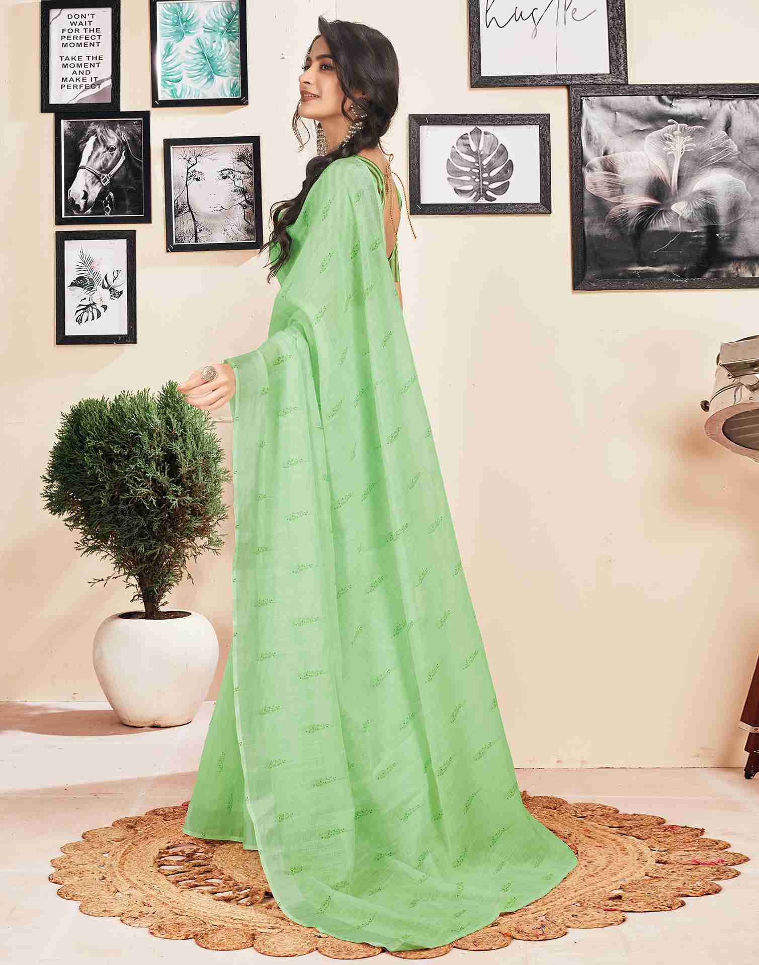 Ready To Wear Light Green Cotton Printed Saree