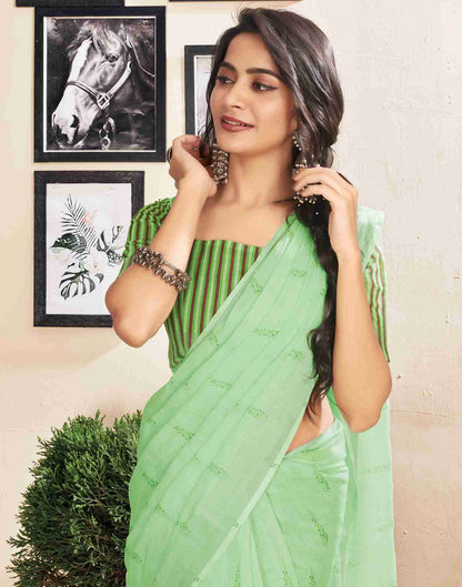 Ready To Wear Light Green Cotton Printed Saree