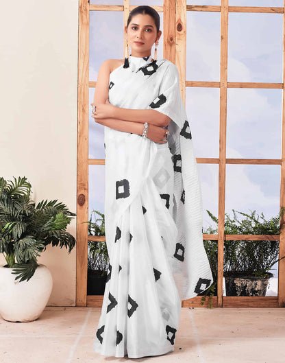 Ready To Wear White Printed Silk Saree