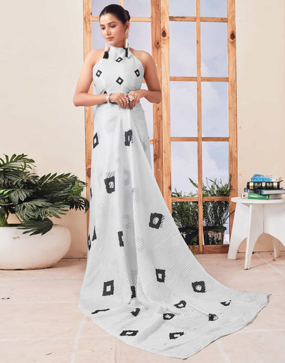 Ready To Wear White Printed Silk Saree