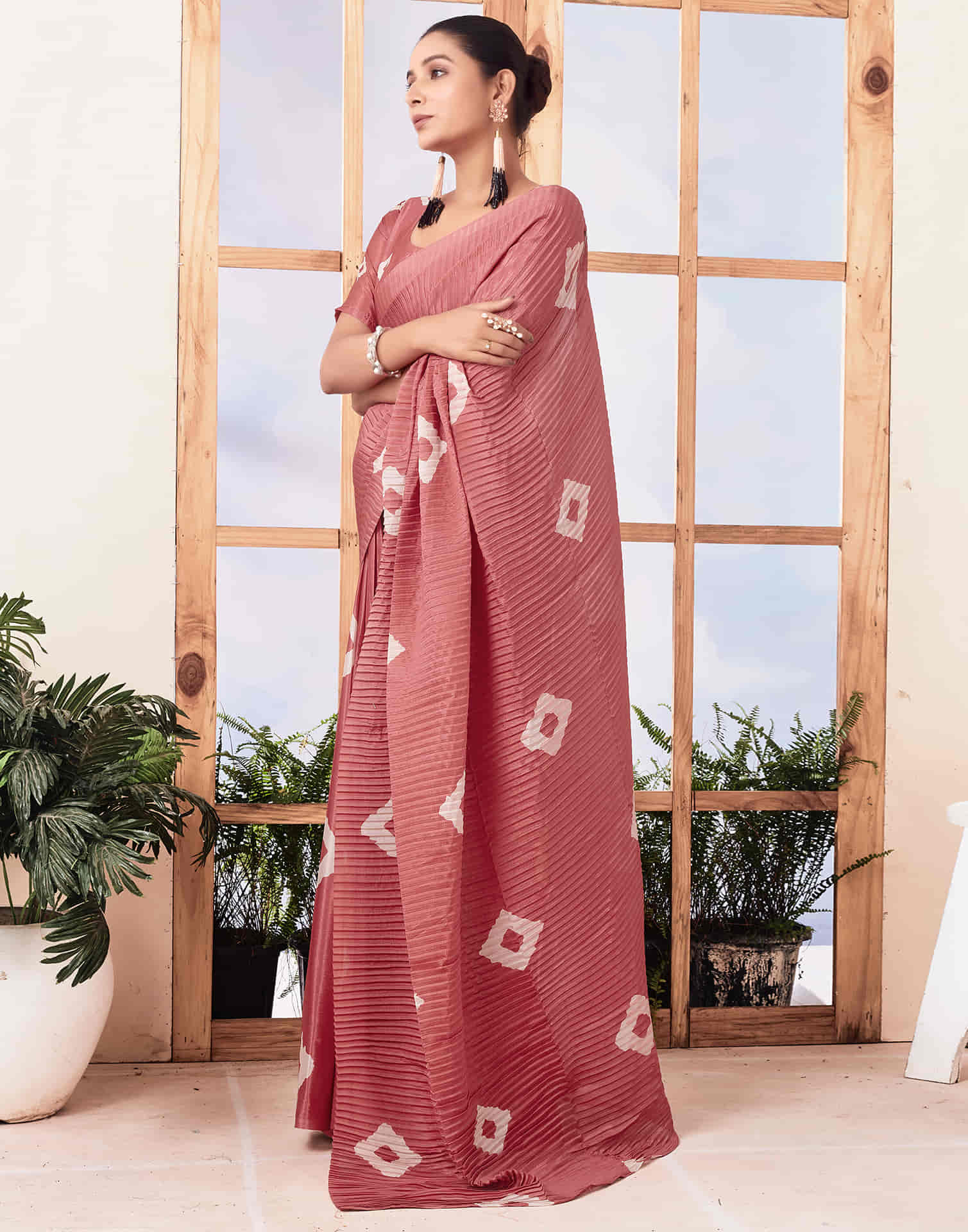 Ready To Wear Dusty Peach Printed Silk Saree