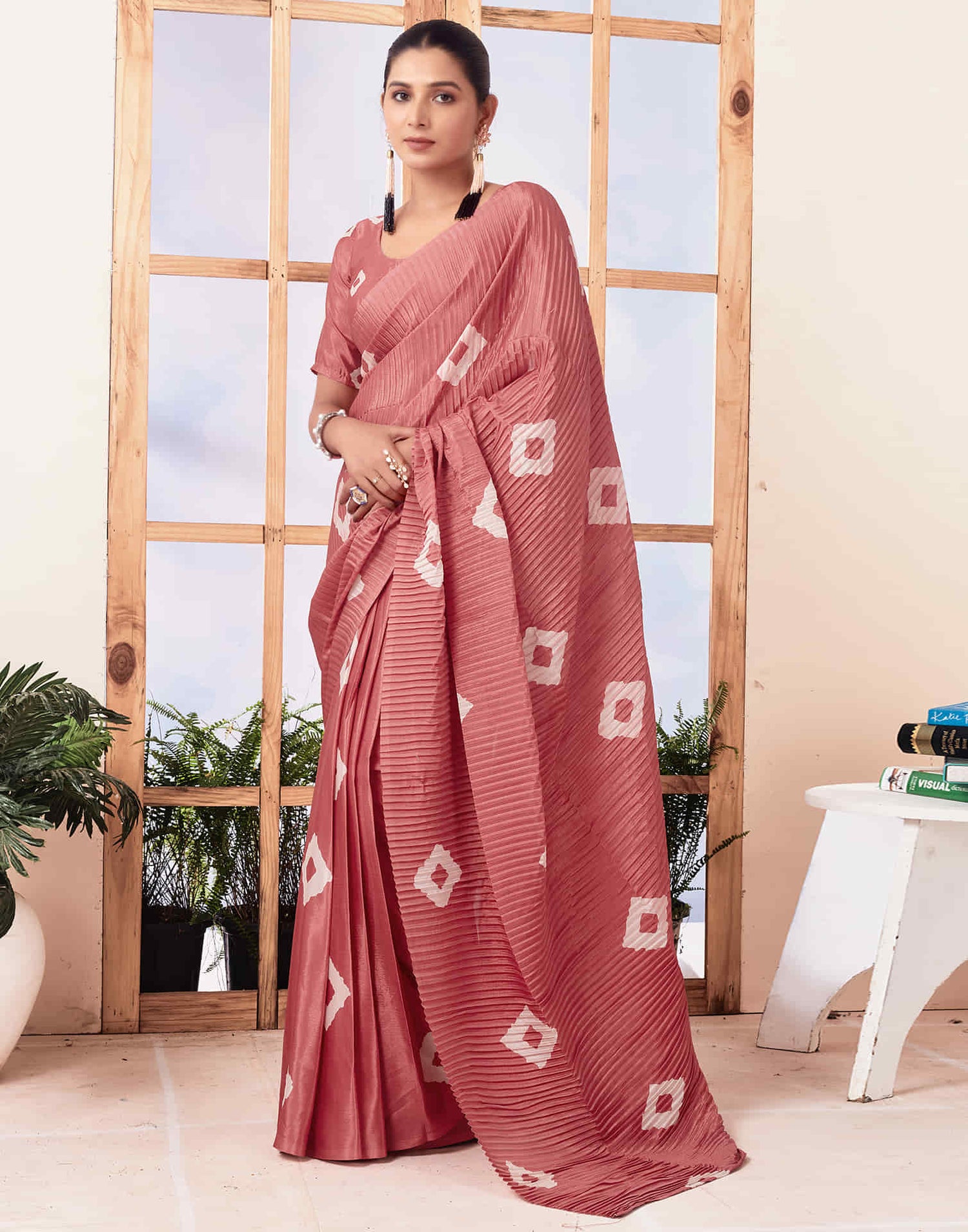 Ready To Wear Dusty Peach Printed Silk Saree