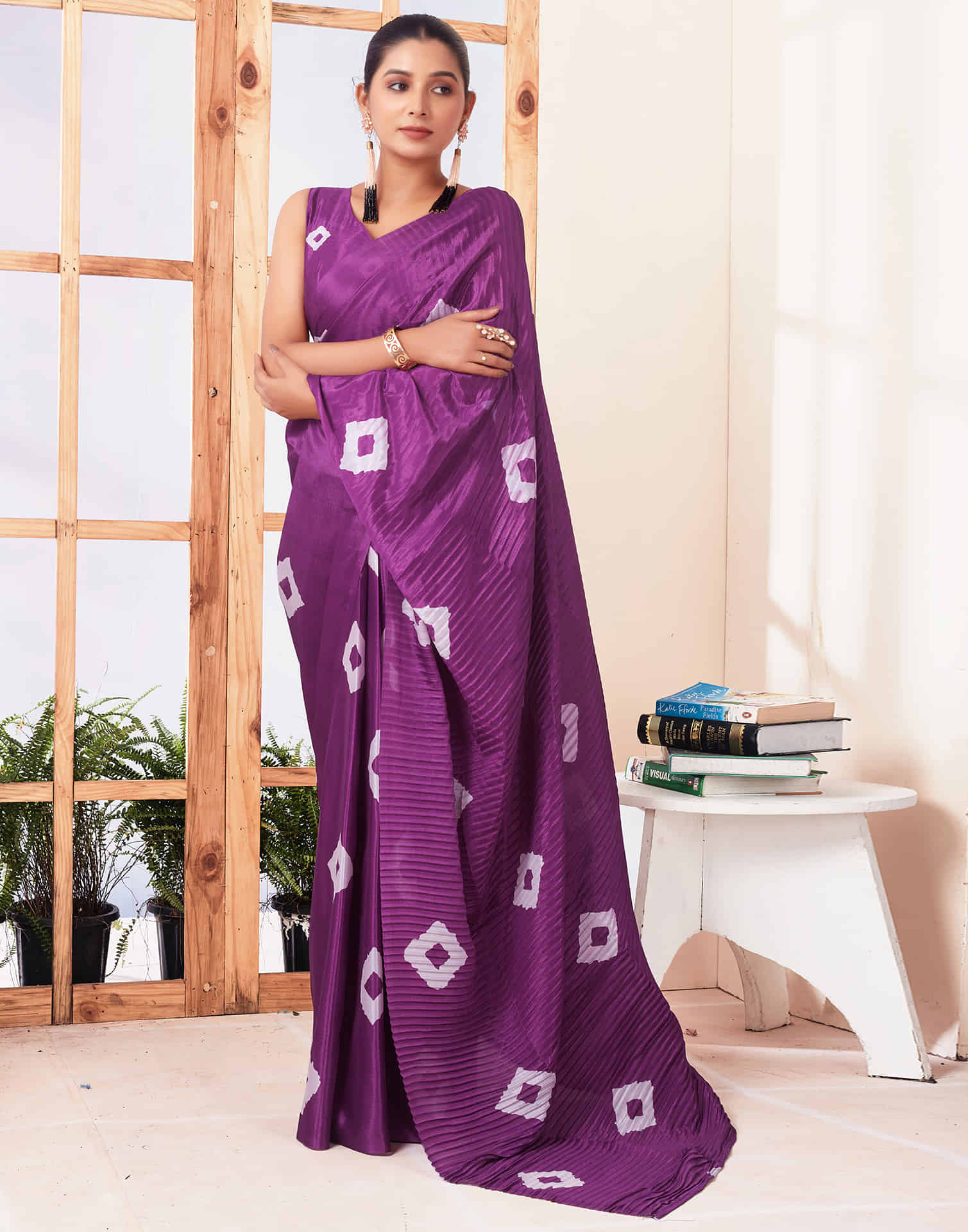 Ready To Wear Dark Purple Printed Silk Saree