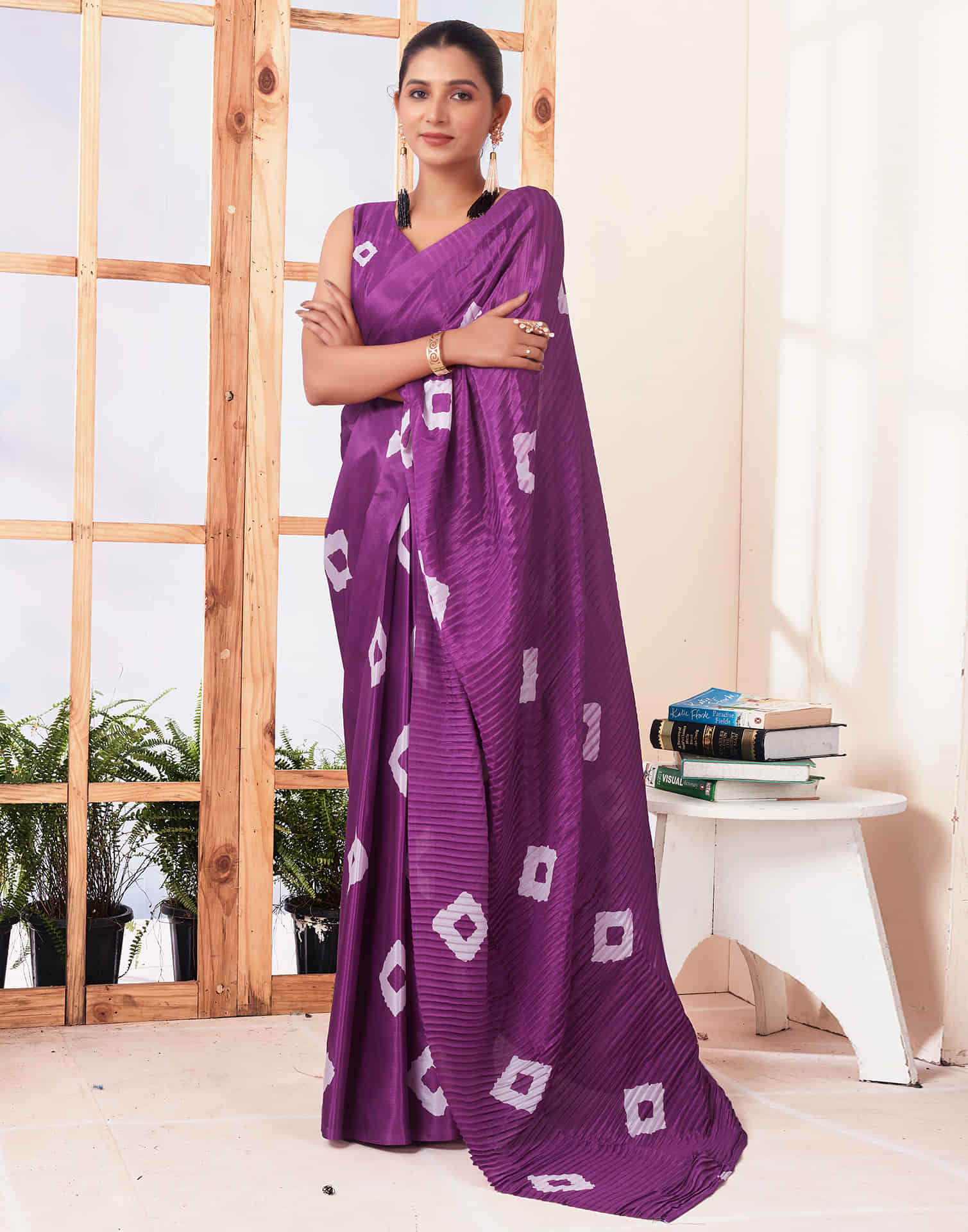 Ready To Wear Dark Purple Printed Silk Saree